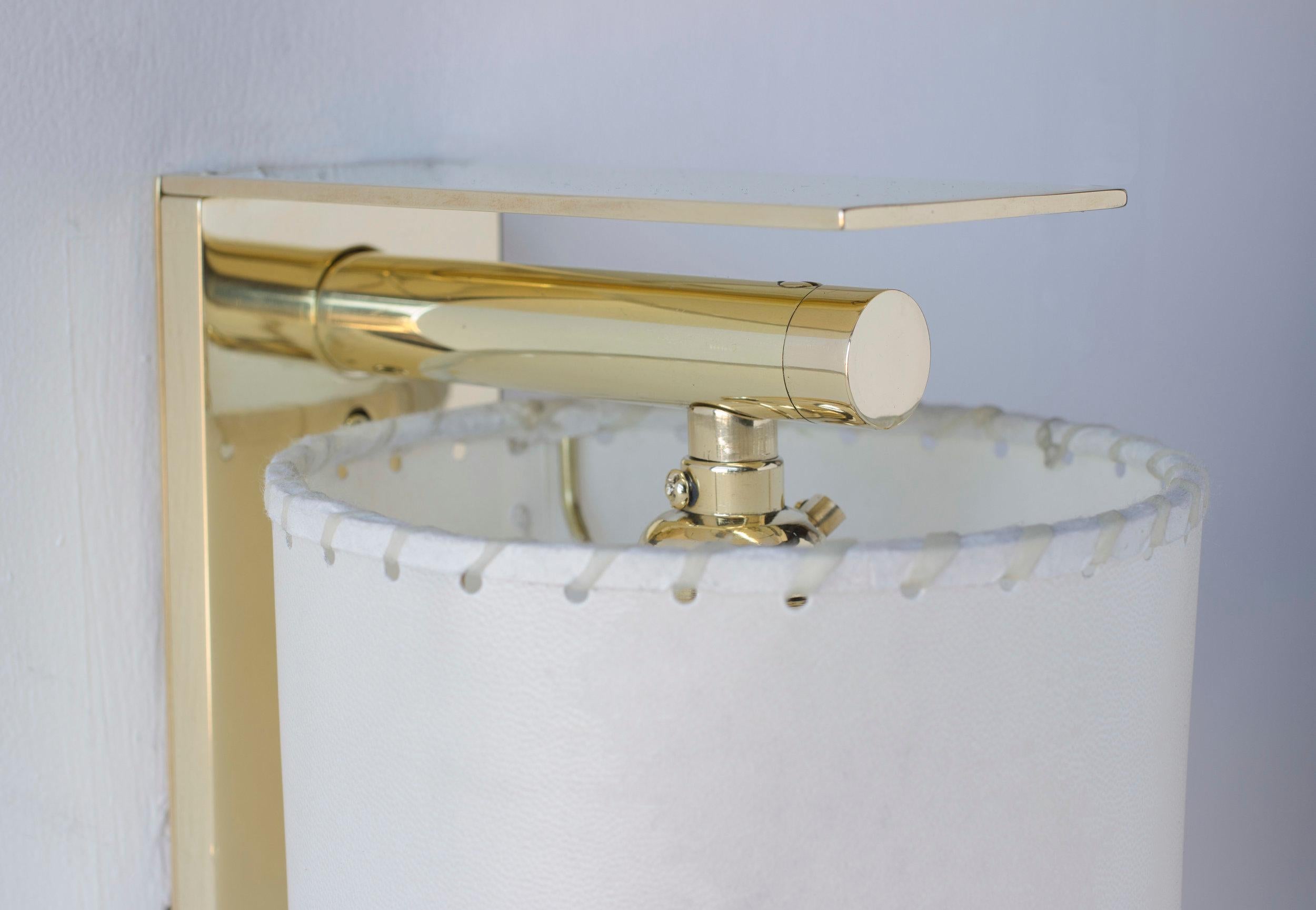 Bauhaus Series02 Small Sconce, Polished Unlacquered Brass, Goatskin Parchment Shade For Sale
