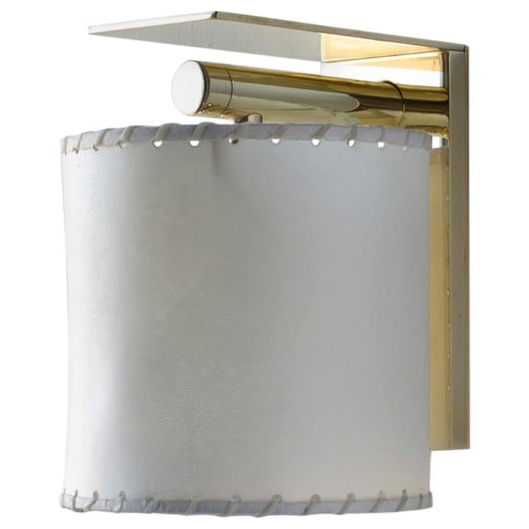 Series02 Small Sconce, Polished Unlacquered Brass, Goatskin Parchment Shade For Sale