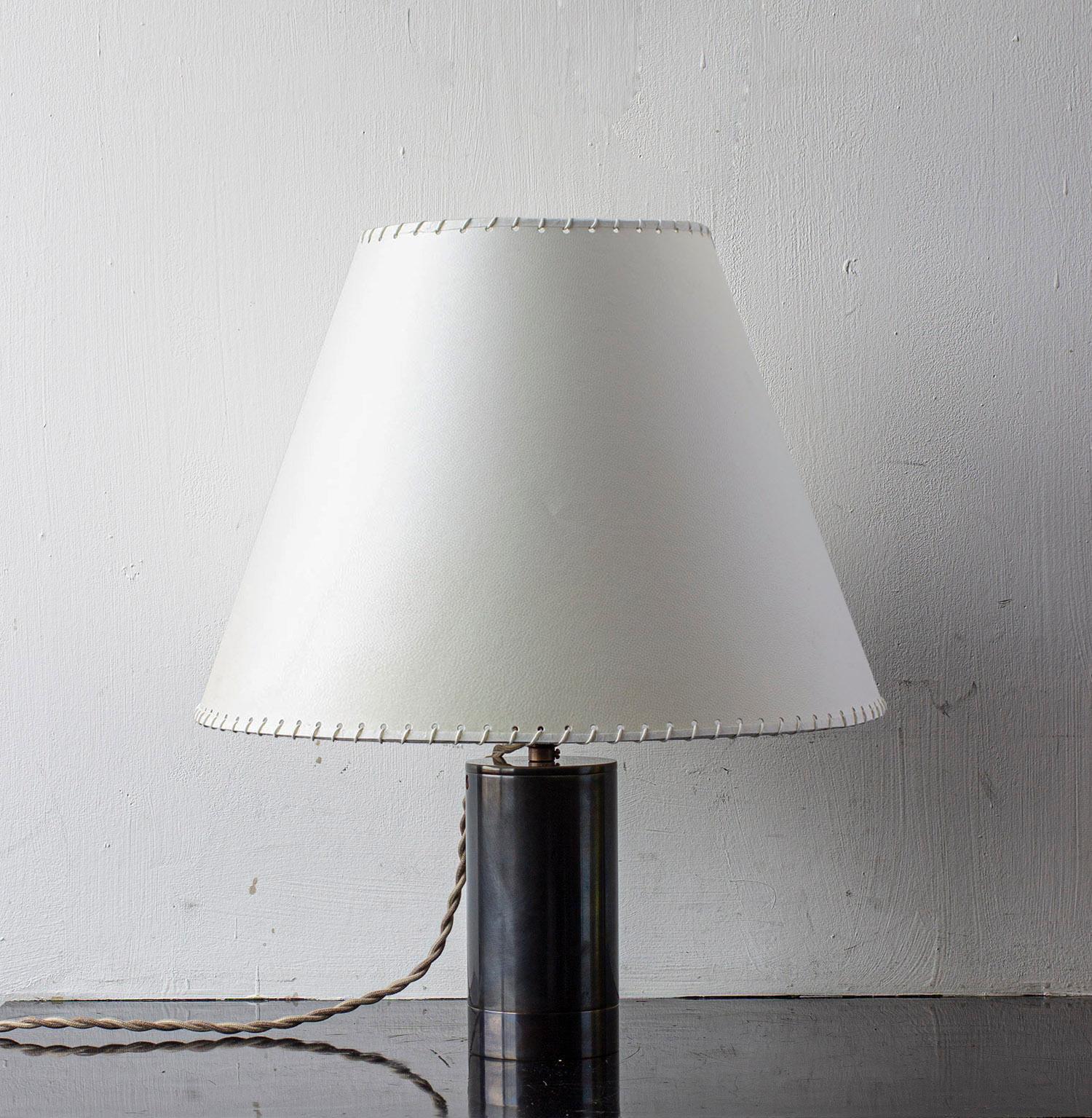 American Series02 Table Lamp, Dark Patinated Brass, Stitched Goatskin Parchment Shade For Sale