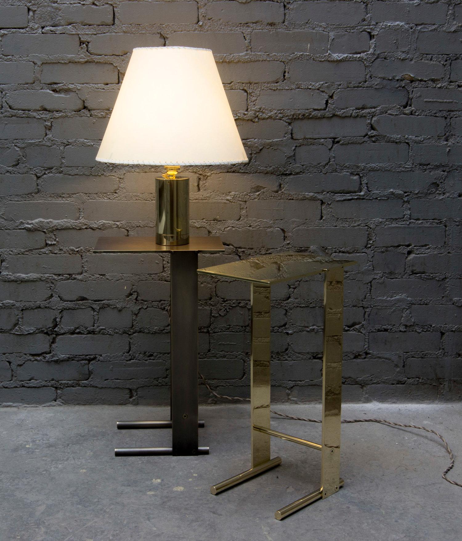 Contemporary Series02 Table Lamp, Polished Unlacquered Brass, Goatskin Parchment Shade For Sale