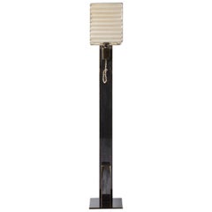 Series03 Floor Lamp, "Smoke" Patinated Sculpted Brass, Goatskin Parchment Shade