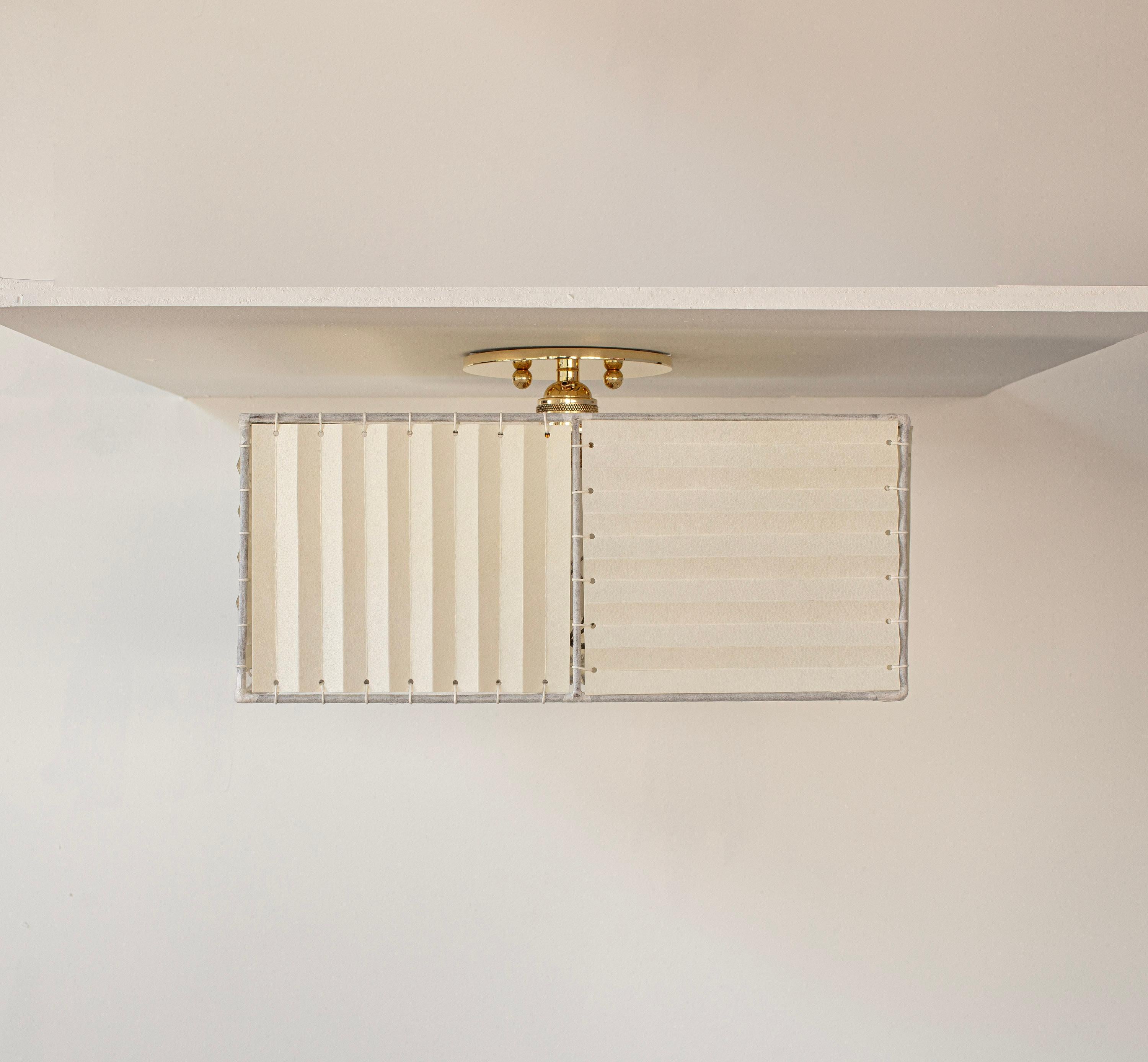 Bauhaus Series03 Large Flush Mount, Polished Unlacquered Brass, Goatskin Parchment Shade For Sale