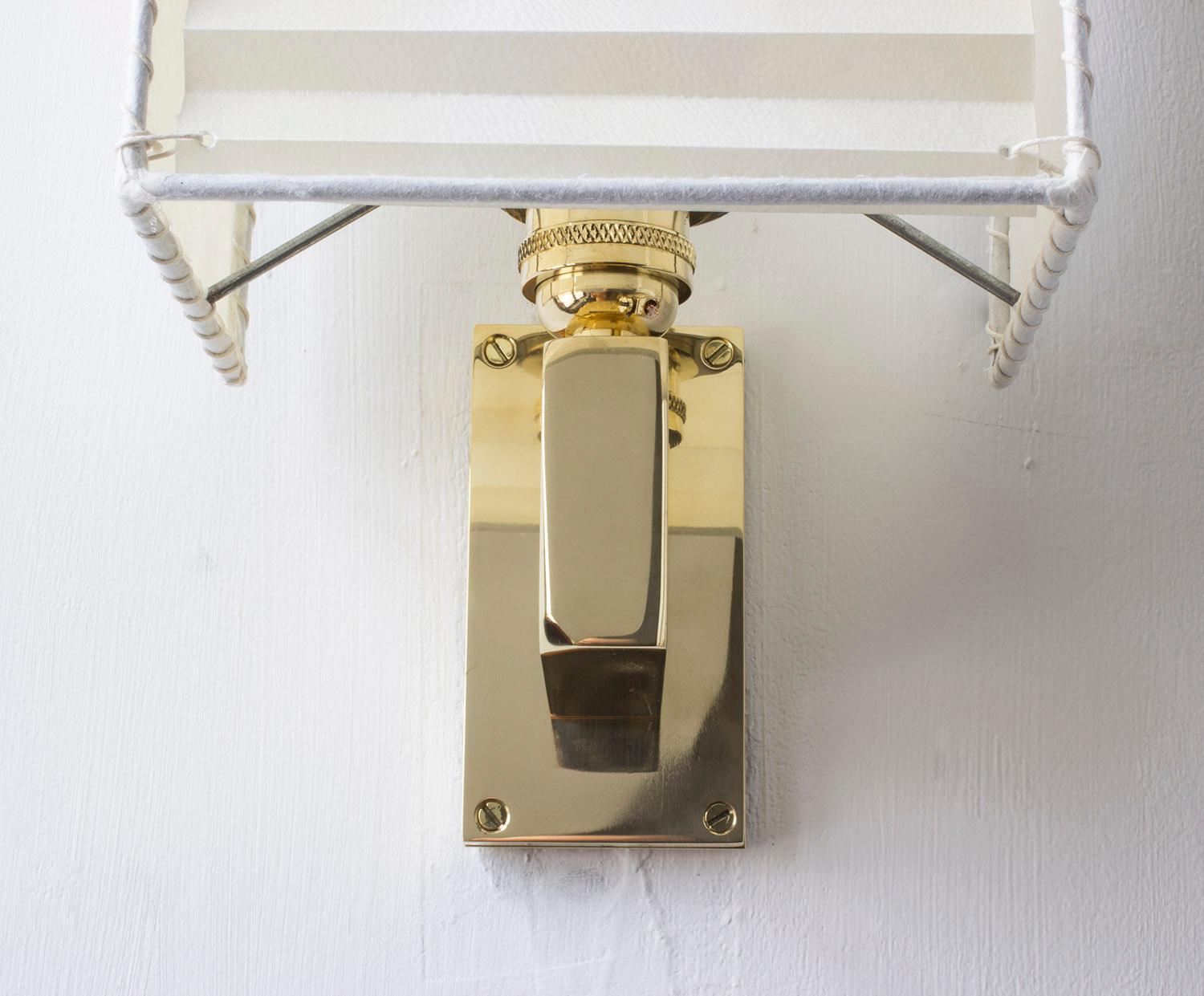 Brutalist Series03 Wall Sconce, Polished Unlacquered Brass, Goatskin Parchment Shade For Sale