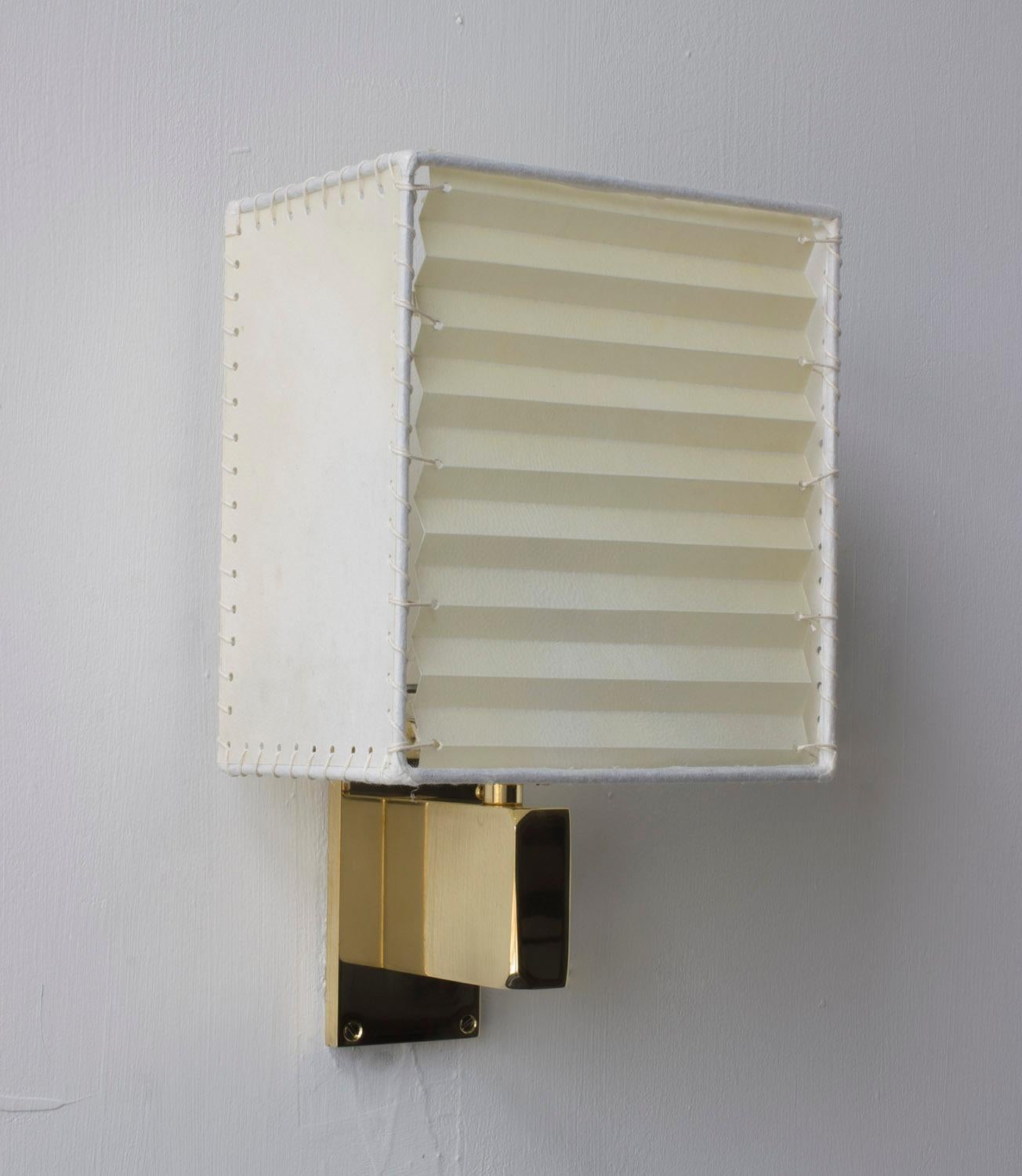 Contemporary Series03 Wall Sconce, Polished Unlacquered Brass, Goatskin Parchment Shade For Sale
