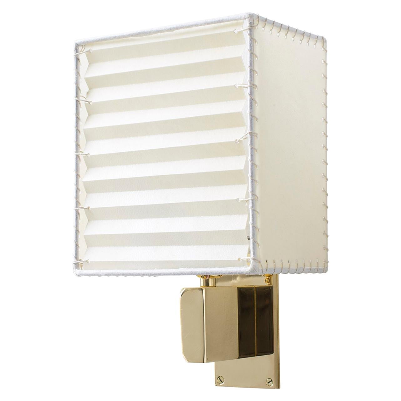 Series03 Wall Sconce, Polished Unlacquered Brass, Goatskin Parchment Shade For Sale