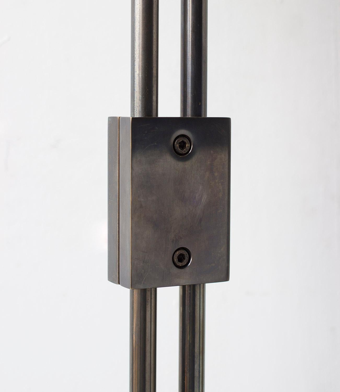 Bauhaus Series04 Floor Lamp Patinated Brass Adjustable Height, Goatskin Shade Suede Trim For Sale