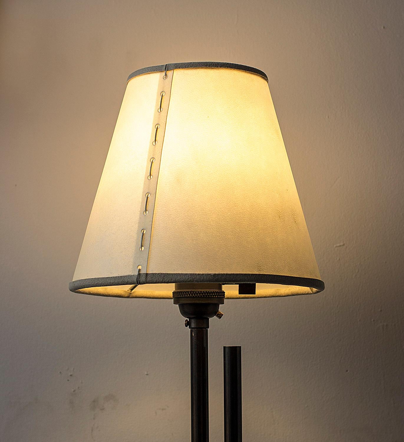 Series04 Floor Lamp Patinated Brass Adjustable Height, Goatskin Shade Suede Trim In New Condition For Sale In Ozone Park, NY