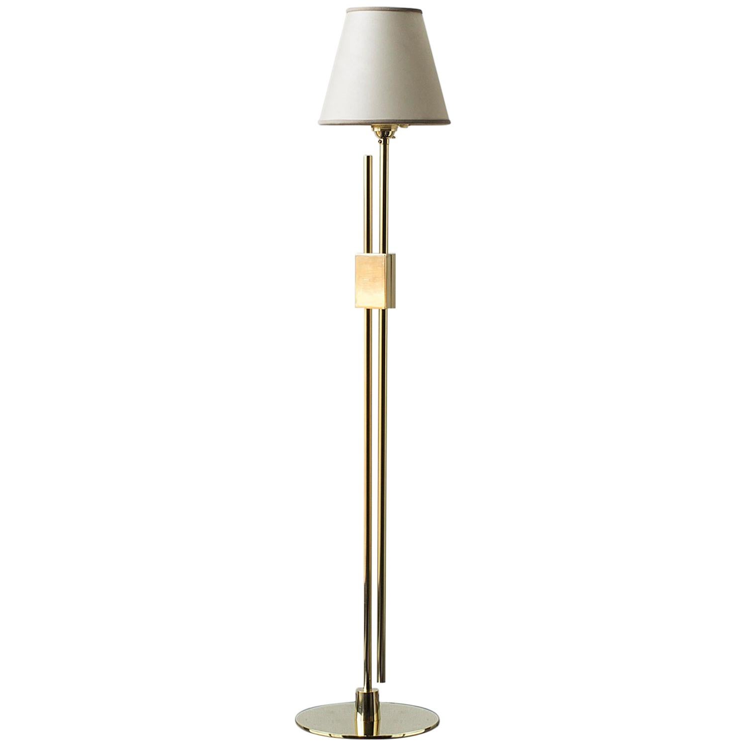 Series04 Floor Lamp Polished Brass Adjustable Height, Goatskin Shade Suede Trim