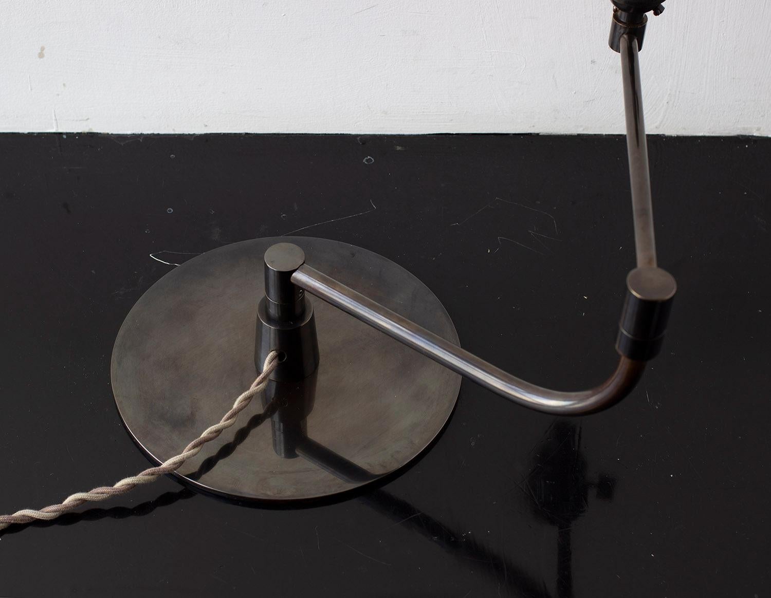 Bauhaus Series04 Pivot-Arm Desk Lamp, Dark Patinated Brass, Goatskin Parchment Shade For Sale