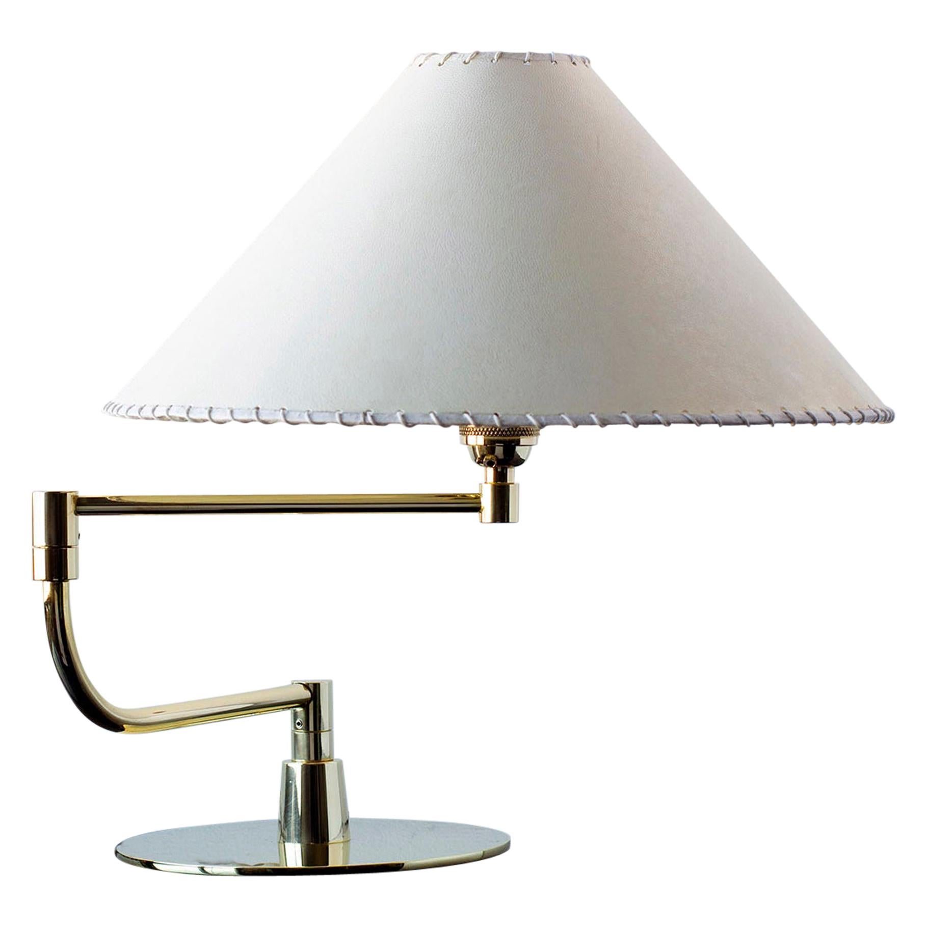SERIES04 Pivot-Arm Desk Lamp, Polish Unlacquered Brass, Goatskin Parchment Shade For Sale