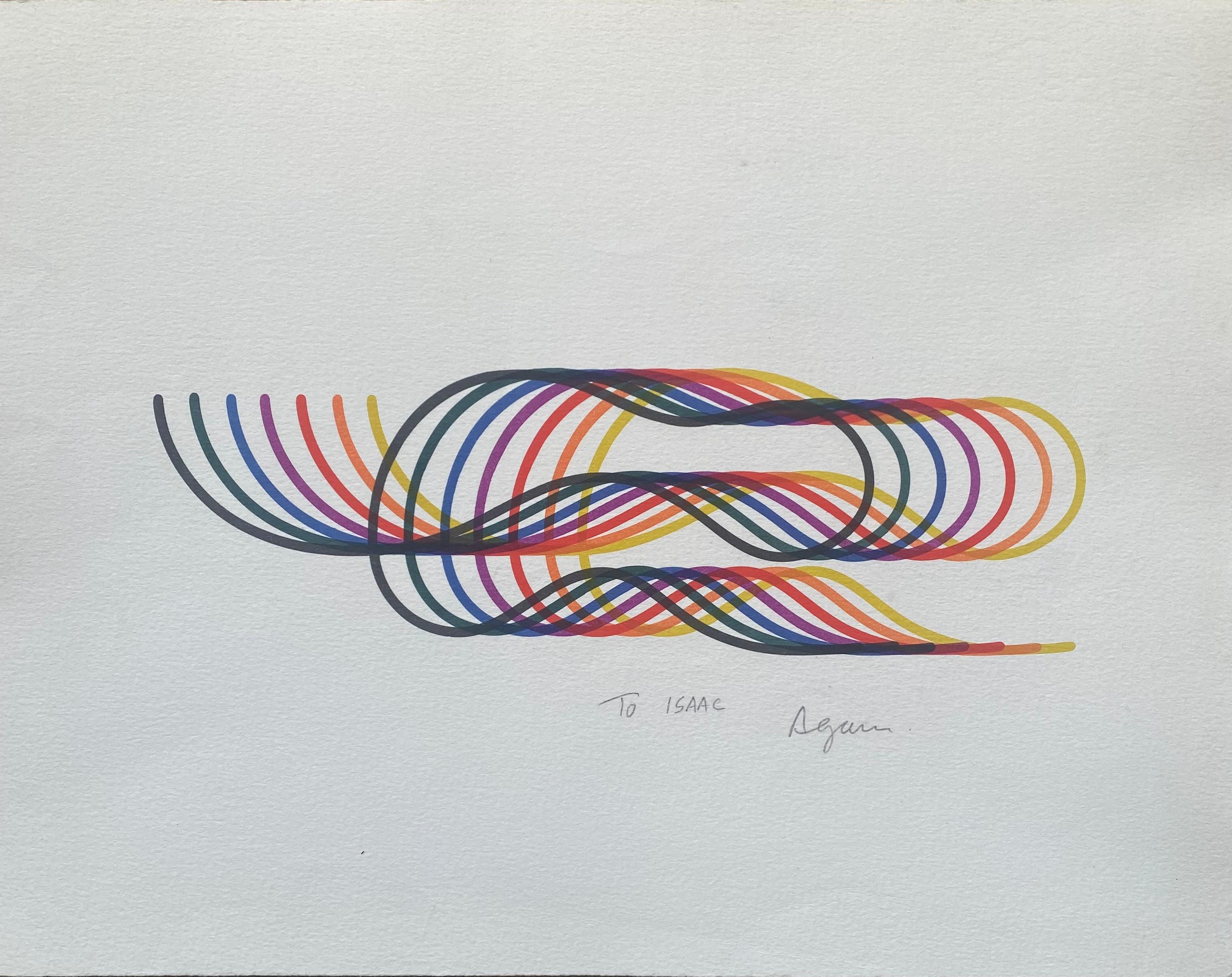 Serigraph dedicated to Isaac - Agam
Original work
Silkscreen on ARCHES paper
Dedicated to Isaac and signed in pencil by the artist
Dimensions : L34xW26,5


Yaacov Gibstein, known as Agam, is an Israeli artist born in Rishon LeZion on May 11, 1928,