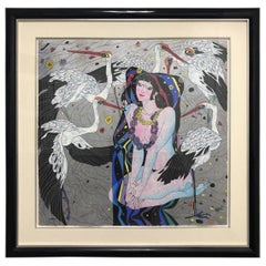 Serigraph Print "Dance of Cranes" by He Deguang with Certificate