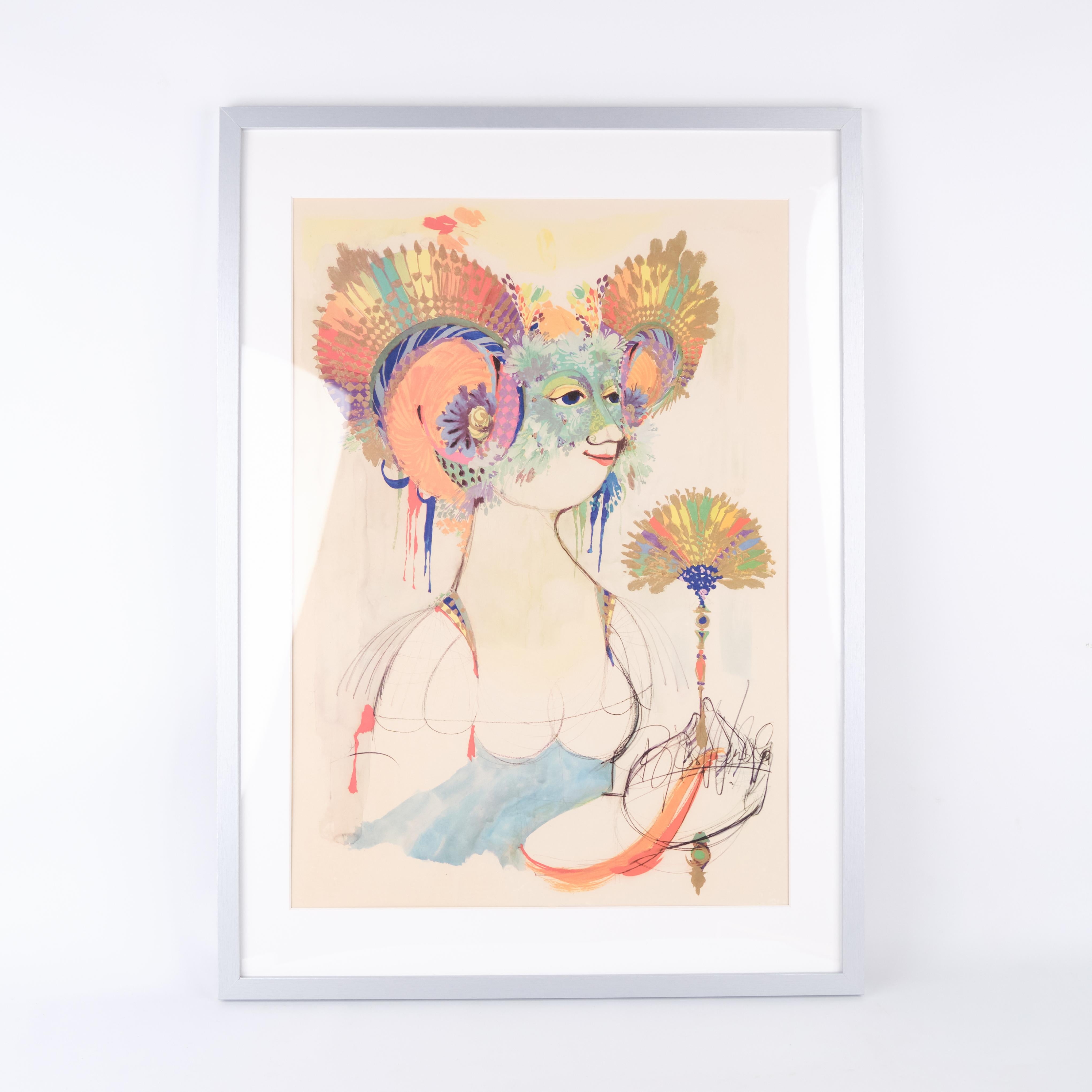 Danish Serigraphic Poster With Motif Of Woman With Fan By Bjørn Wiinblad From 1970s For Sale