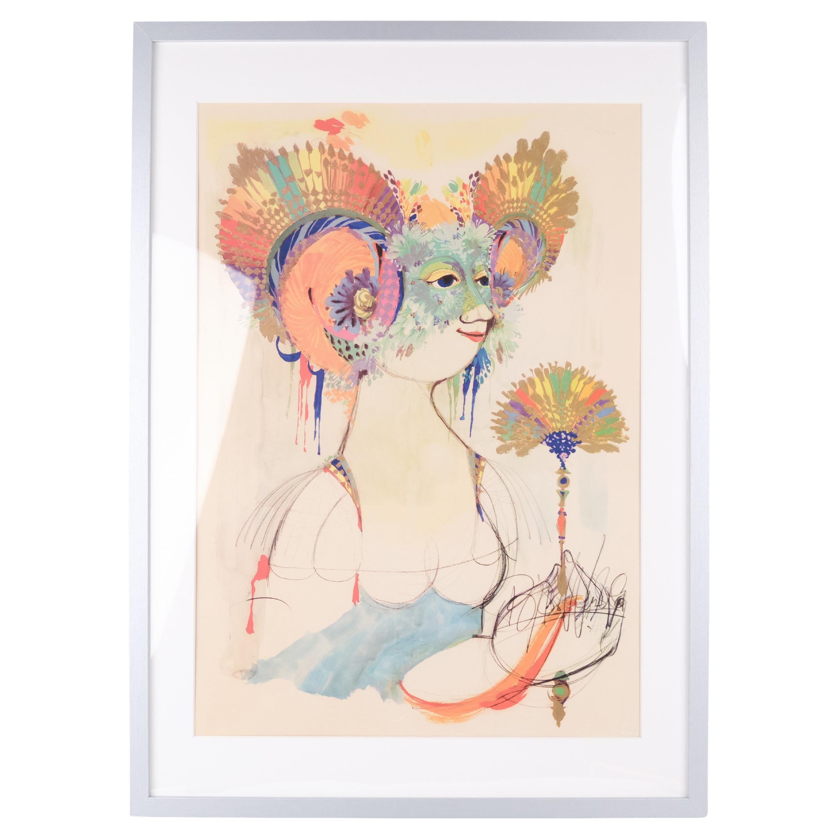 Serigraphic Poster With Motif Of Woman With Fan By Bjørn Wiinblad From 1970s