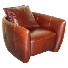 NATUZZI, ARMCHAIR ET CUSHIONS DE CLUB EN CUIR MARRON SERIOUSLY COOL & COMFORTABLE