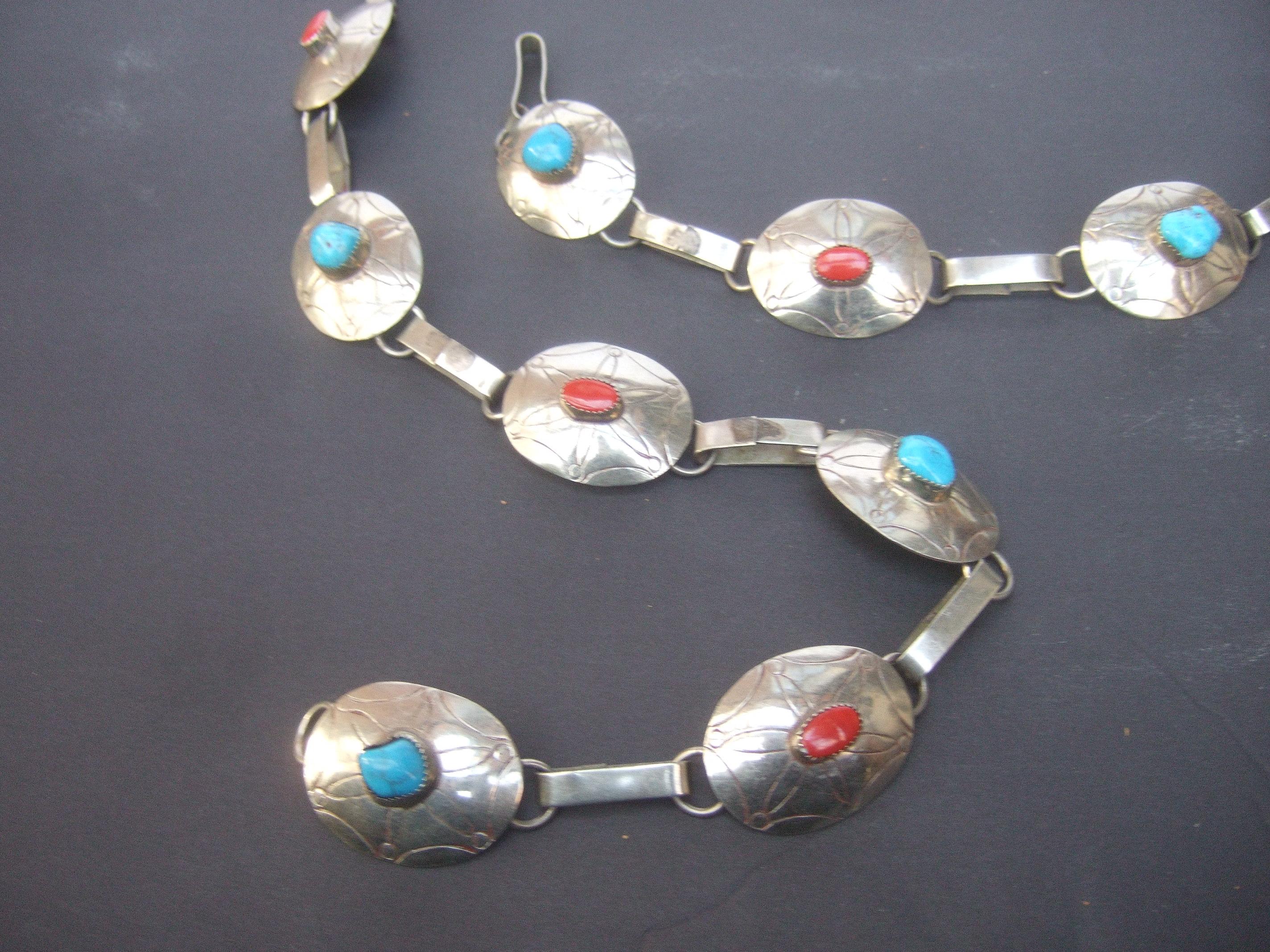 Sterling Silver Handmade Turquoise & Coral Artisan Link Belt Circa 1970s For Sale 6