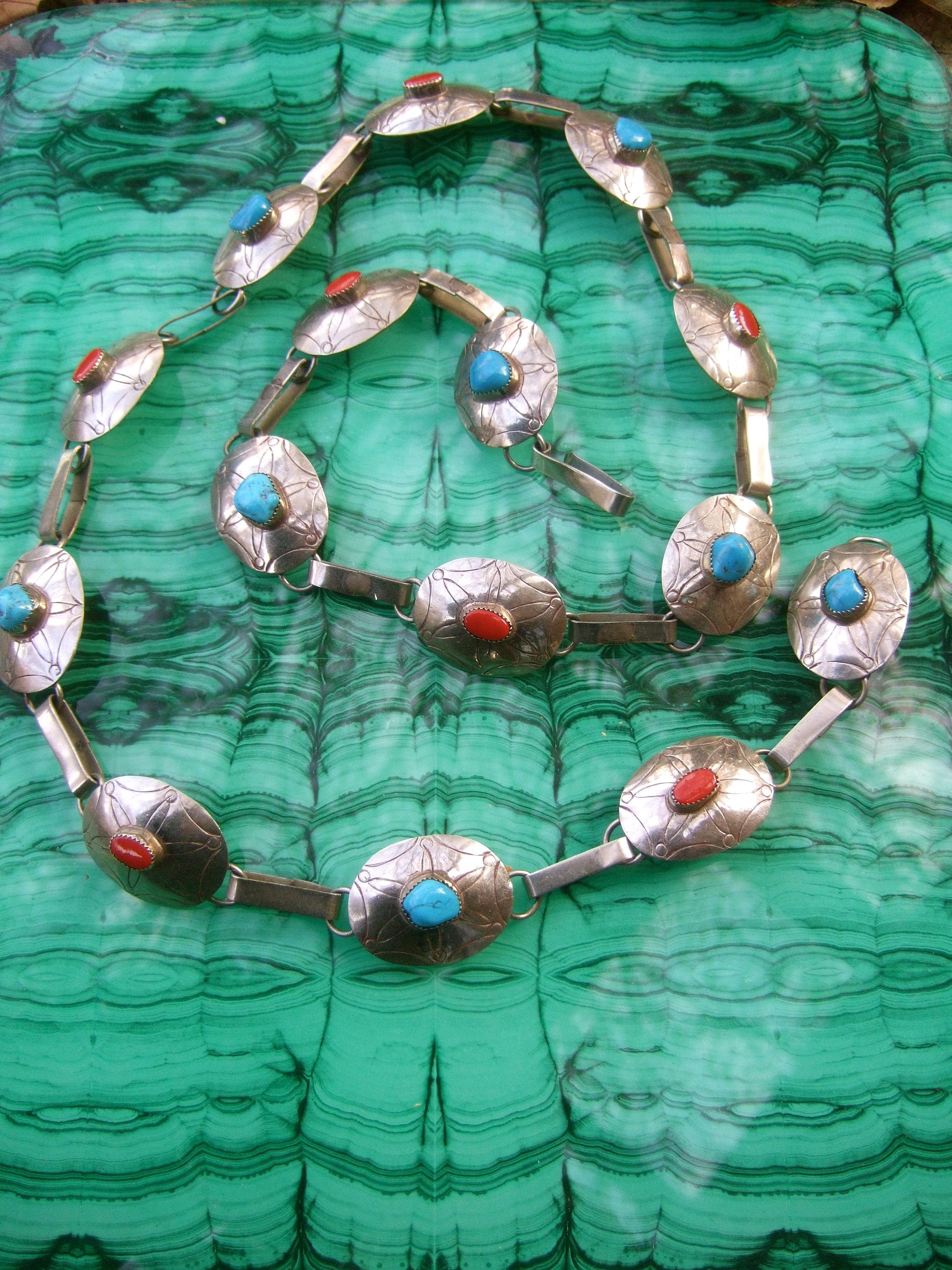 Sterling Silver Handmade Turquoise & Coral Artisan Link Belt Circa 1970s For Sale 7