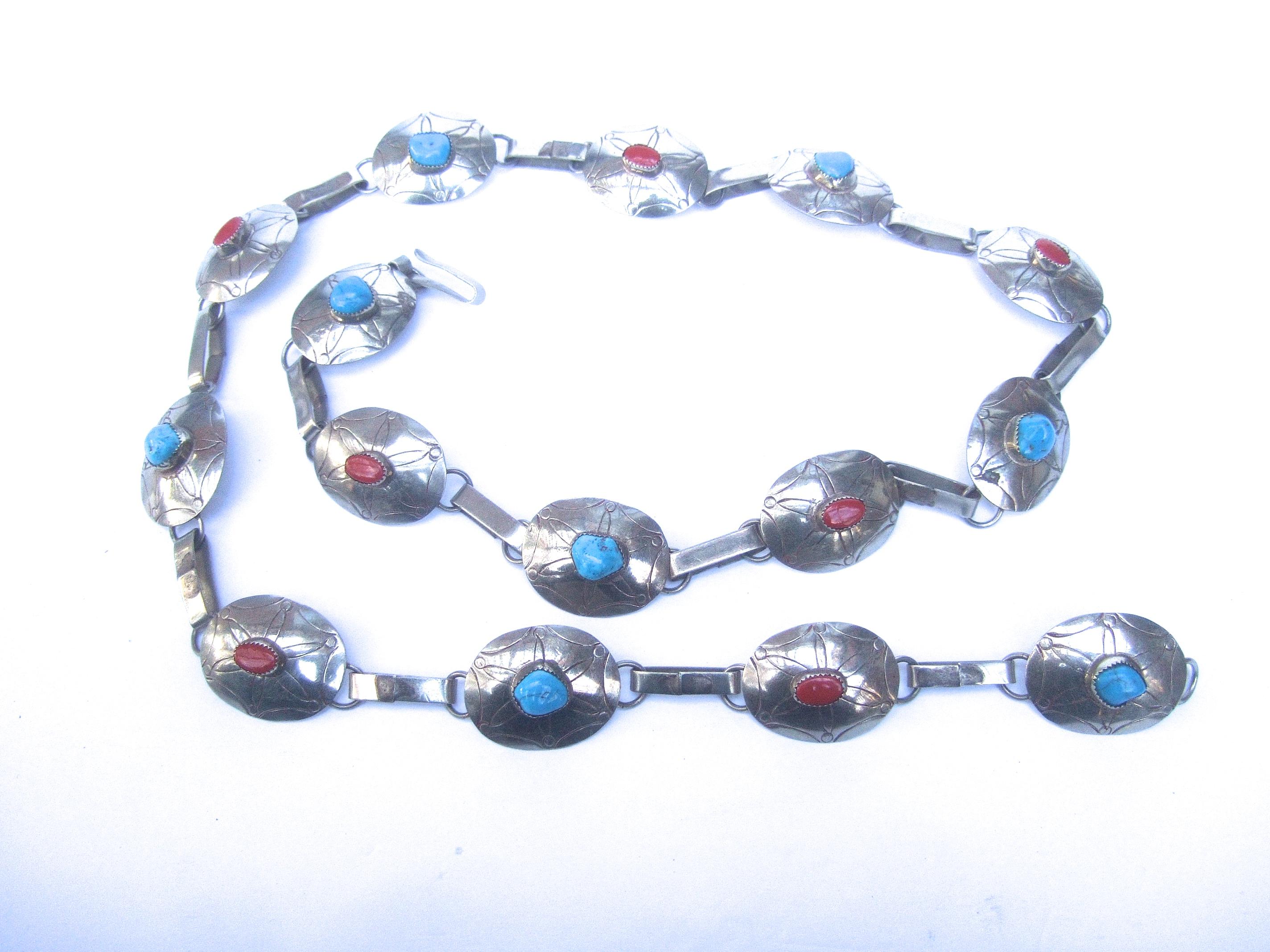 Sterling Silver Handmade Turquoise & Coral Artisan Link Belt Circa 1970s For Sale 8