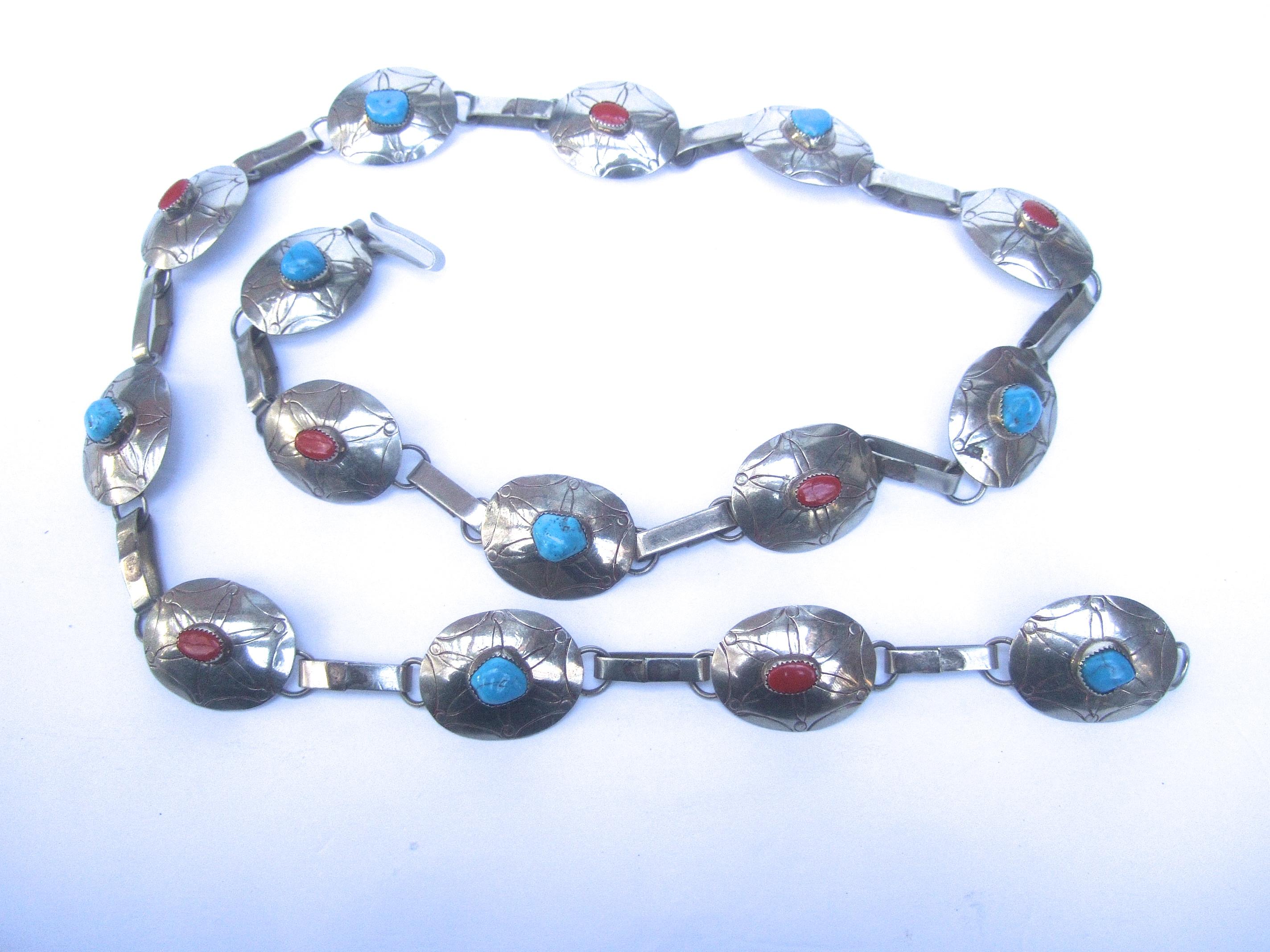 Sterling Silver Handmade Turquoise & Coral Artisan Link Belt Circa 1970s For Sale 9
