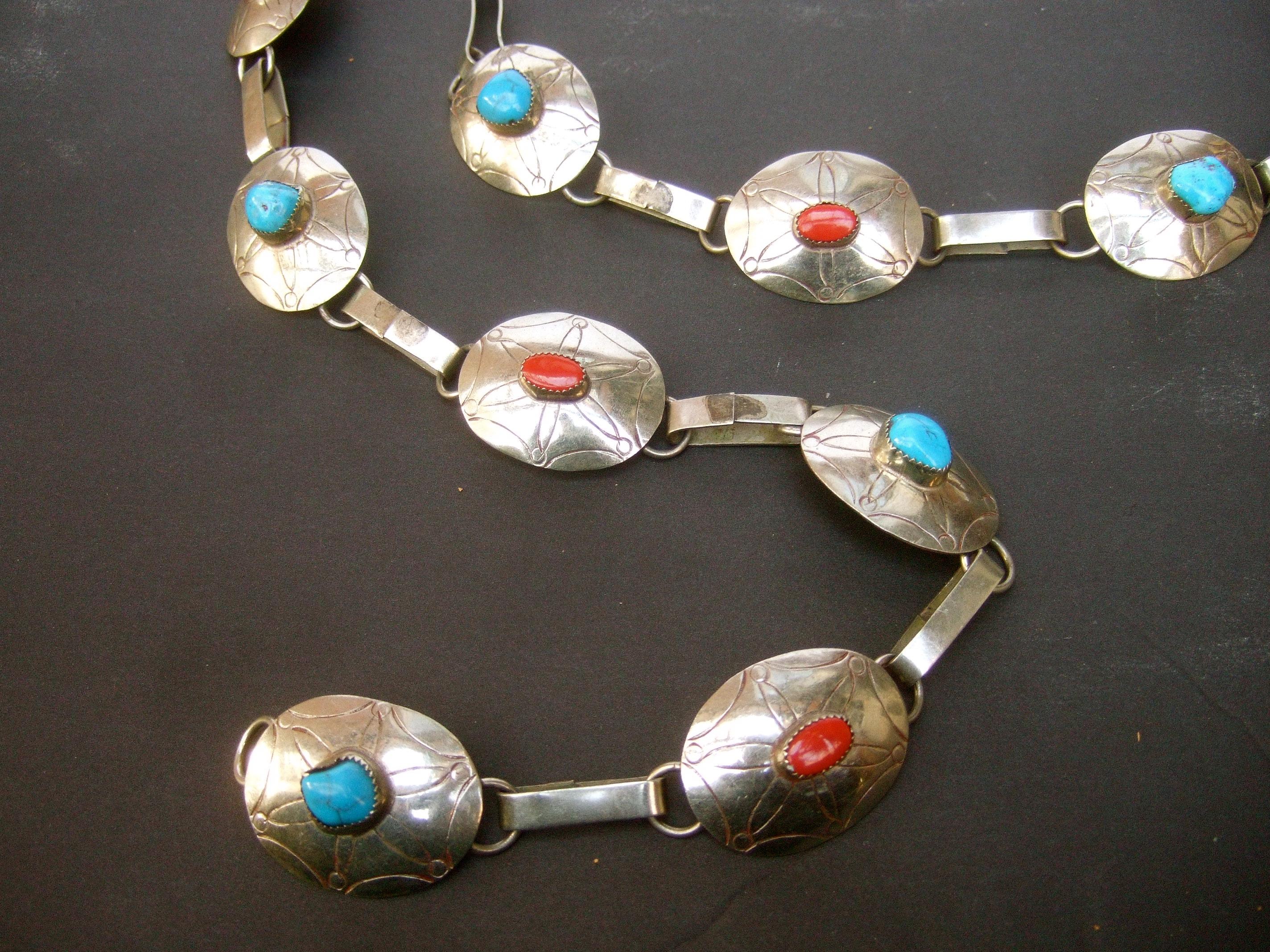 Sterling Silver Handmade Turquoise & Coral Artisan Link Belt Circa 1970s For Sale 10