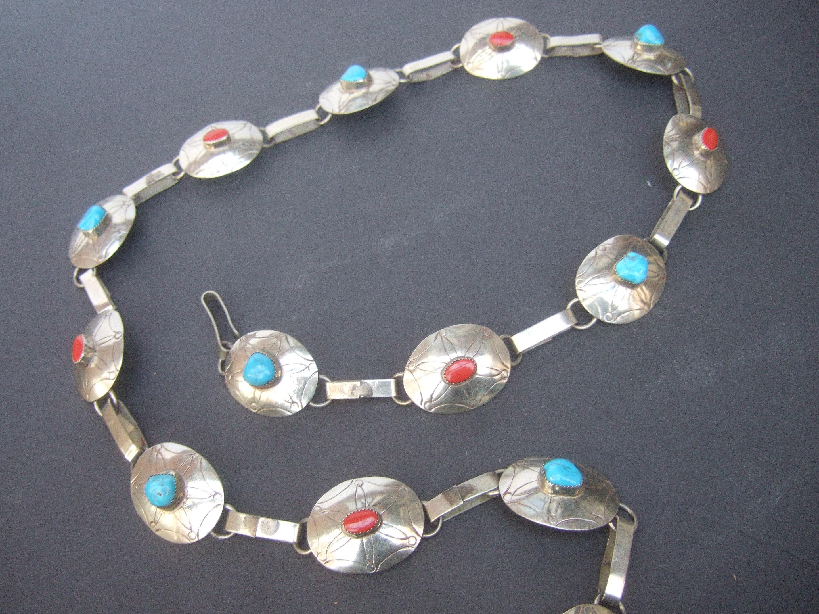 Sterling Silver Handmade Turquoise & Coral Artisan Link Belt Circa 1970s For Sale 11