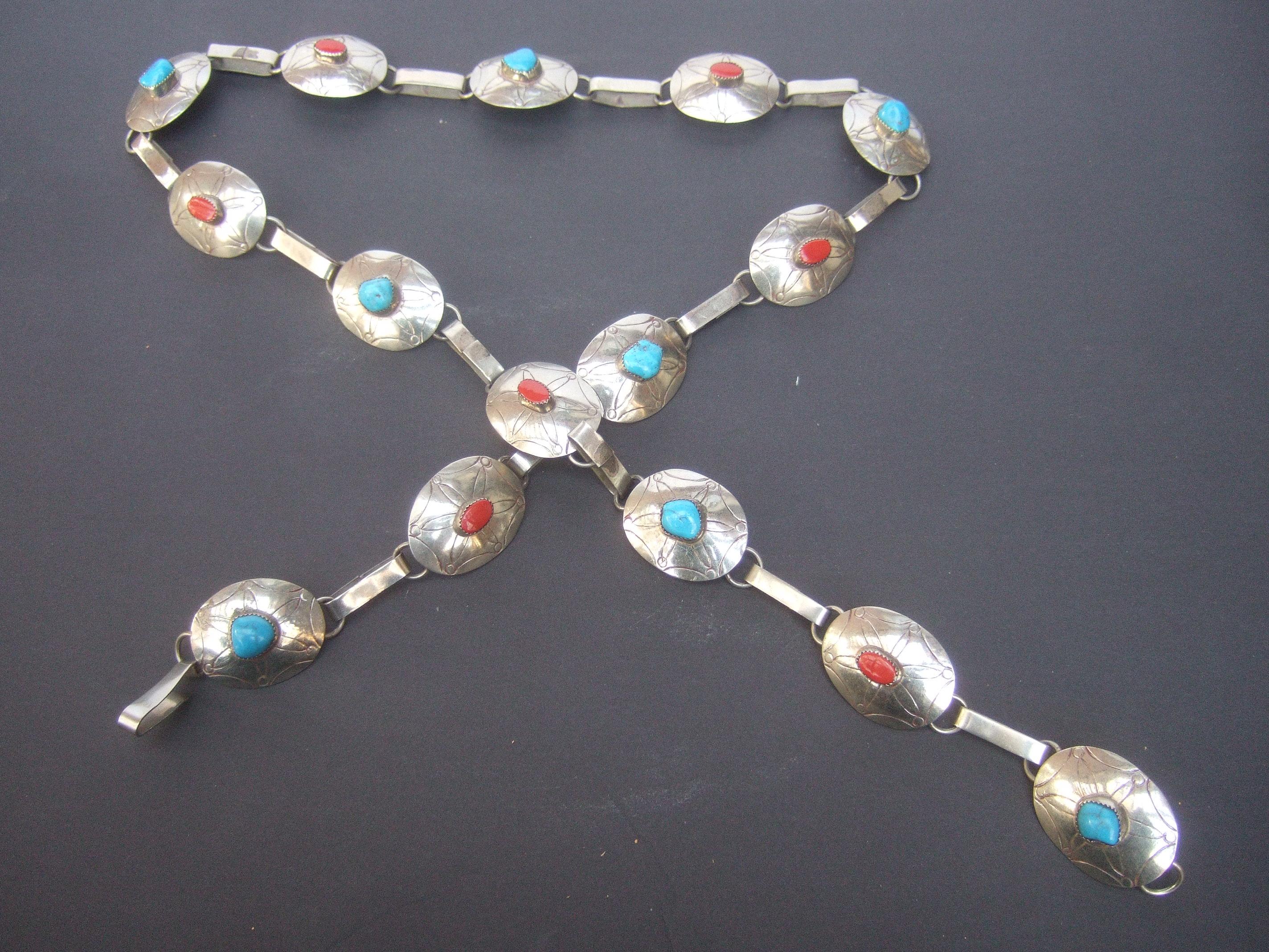 Sterling Silver Handmade Turquoise & Coral Artisan Link Belt Circa 1970s For Sale 12