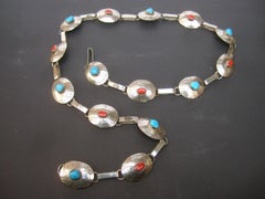 Sterling Silver Handmade Turquoise & Coral Artisan Link Belt Circa 1970s