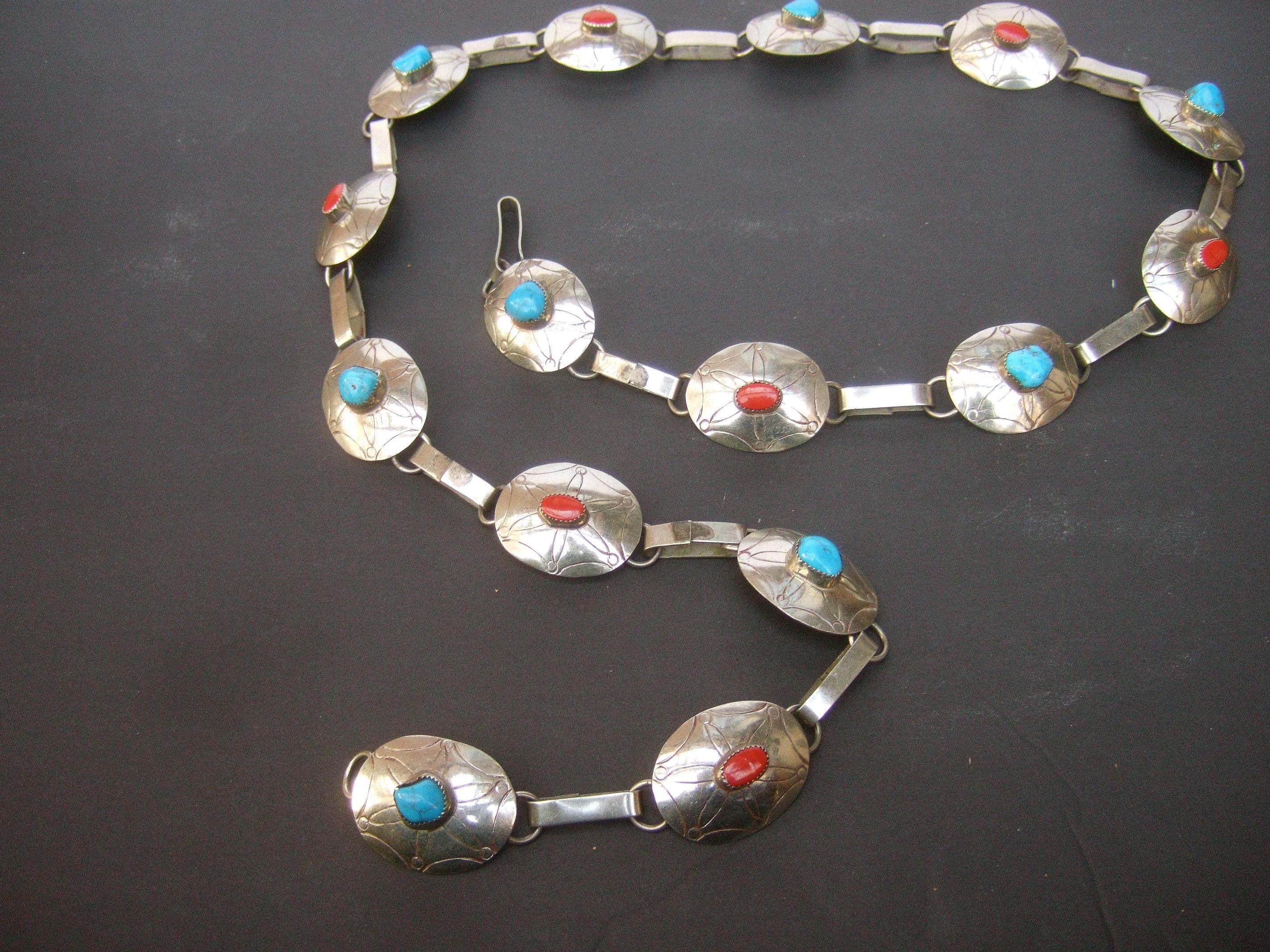Sterling Silver Handmade Turquoise & Coral Artisan Link Belt Circa 1970s In Good Condition For Sale In University City, MO