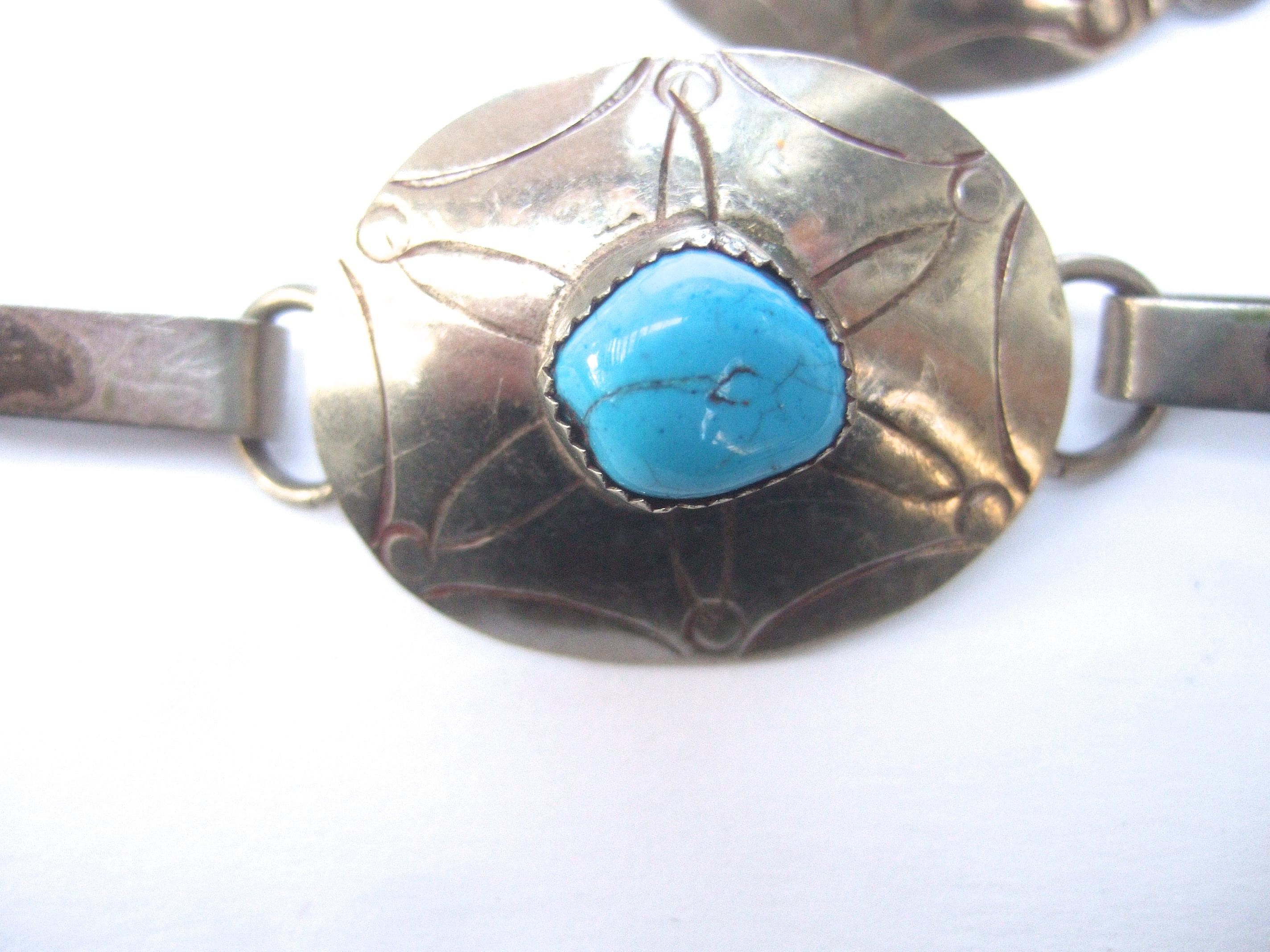 Sterling Silver Handmade Turquoise & Coral Artisan Link Belt Circa 1970s For Sale 2