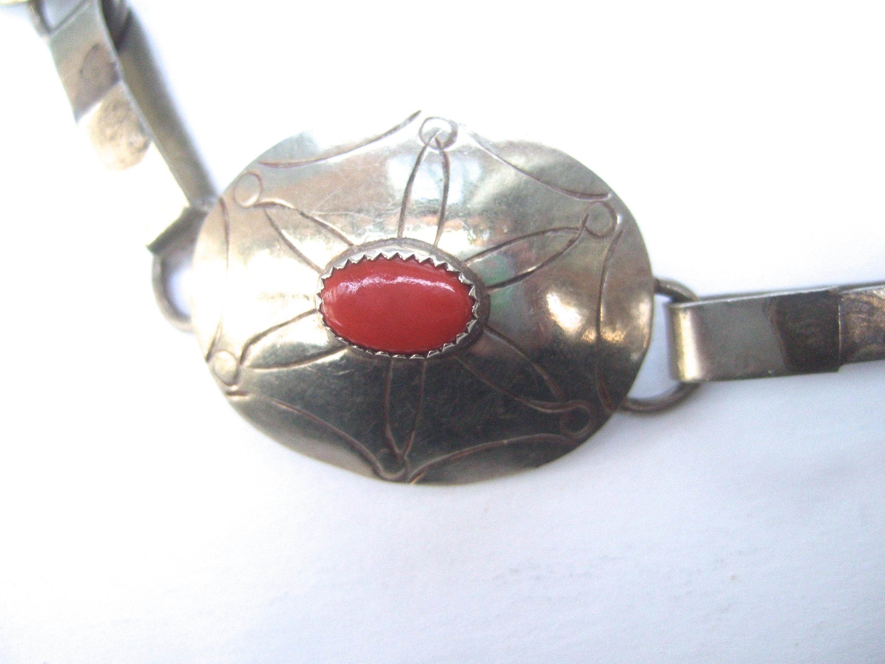Sterling Silver Handmade Turquoise & Coral Artisan Link Belt Circa 1970s For Sale 3