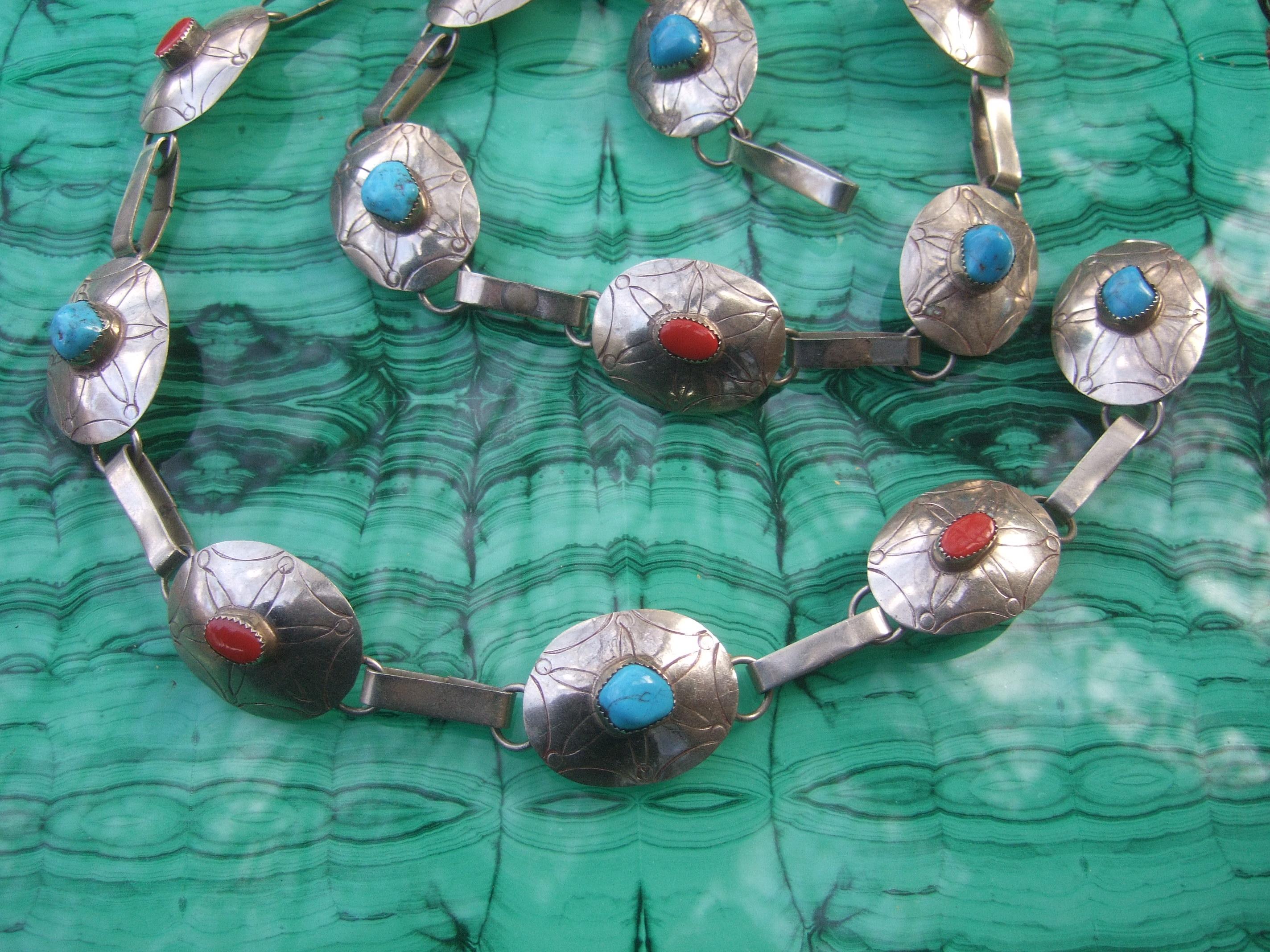 Sterling Silver Handmade Turquoise & Coral Artisan Link Belt Circa 1970s For Sale 4