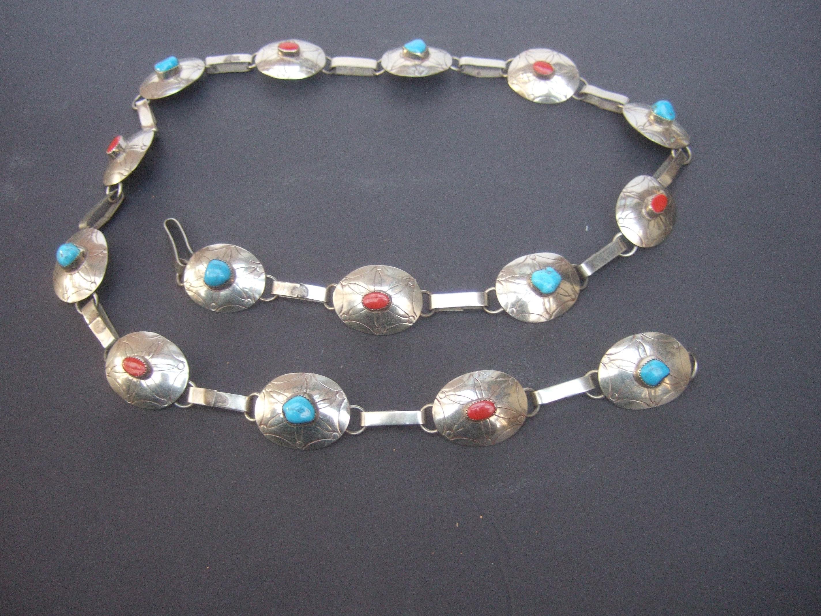 Sterling Silver Handmade Turquoise & Coral Artisan Link Belt Circa 1970s For Sale 5