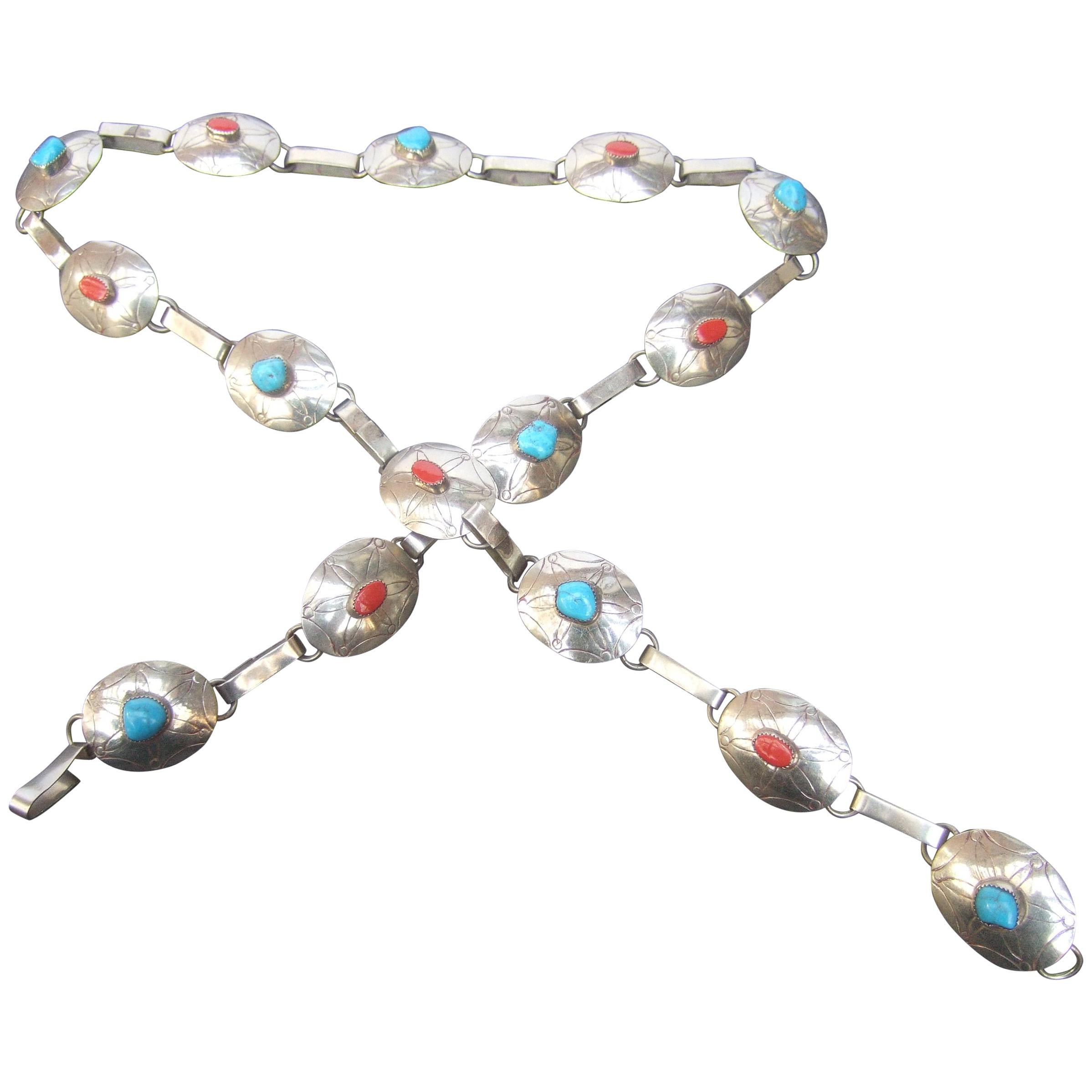 Sterling Silver Handmade Turquoise & Coral Artisan Link Belt Circa 1970s For Sale