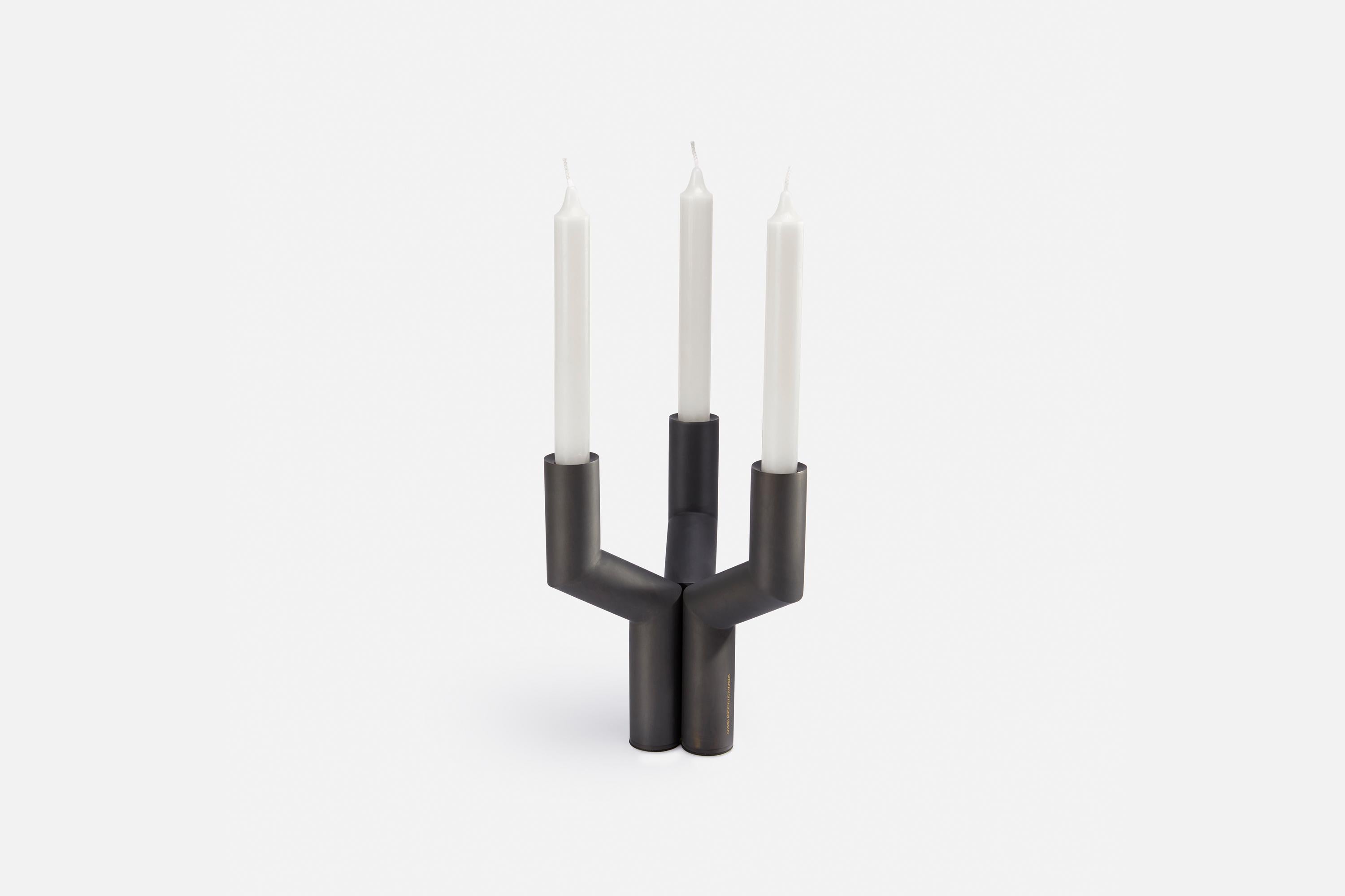 Minimalist Sermon Candlelabra in Brass, by Aristotelis Barakos, Black Patinated Finish For Sale