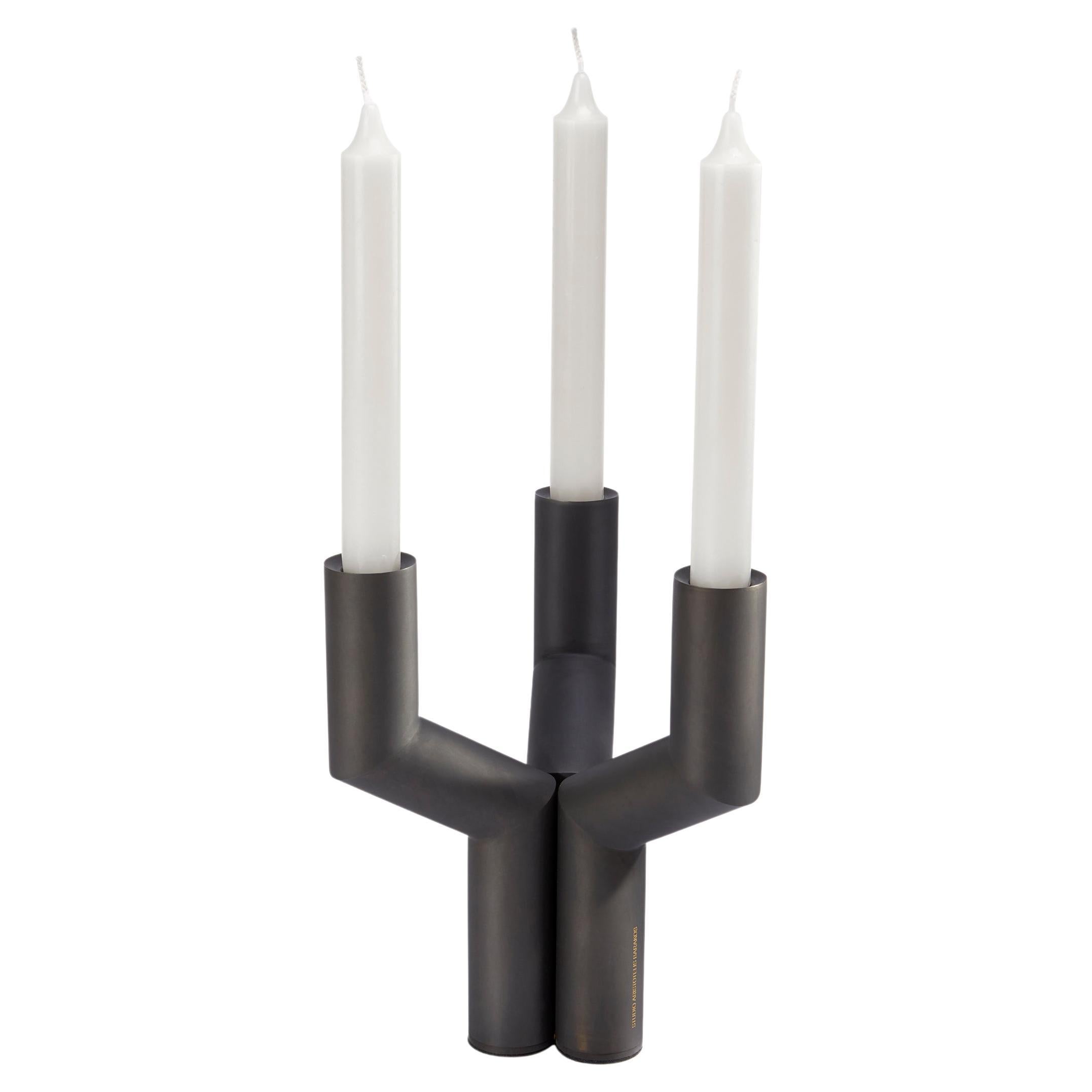 Sermon Candlelabra in Brass, by Aristotelis Barakos, Black Patinated Finish For Sale