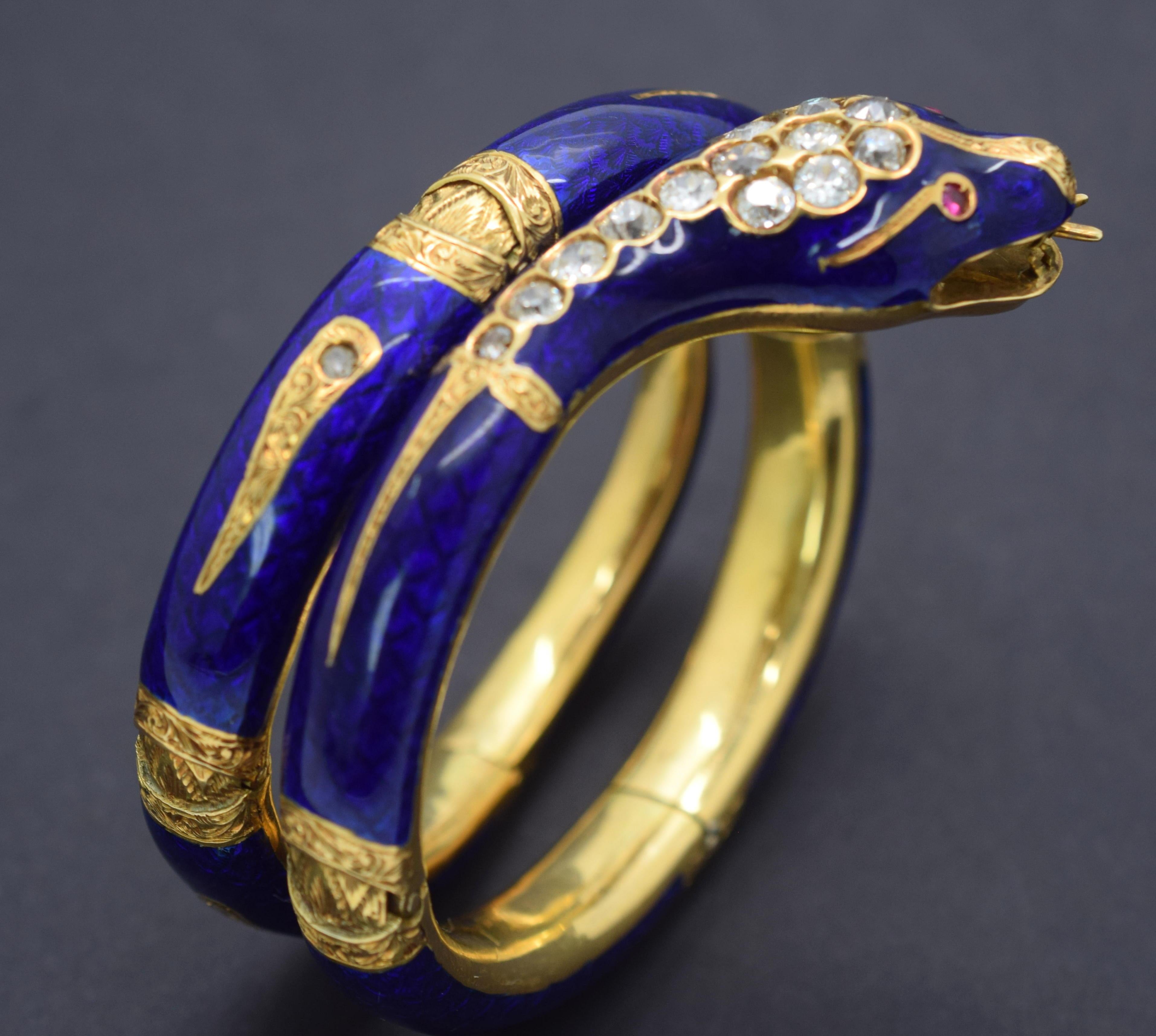 Art Nouveau Serpent Arm Cuff Bracelet Diamond Blue Enamel 18 Karat
