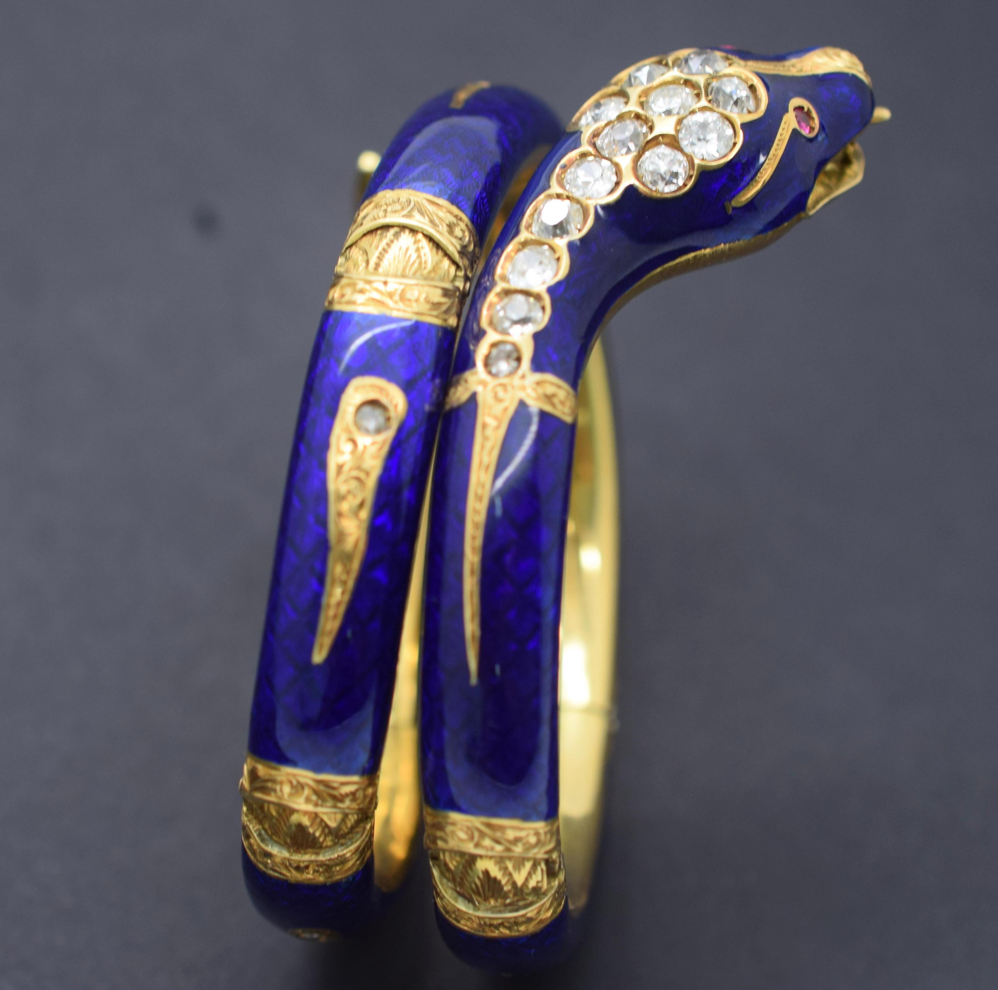 Women's or Men's Serpent Arm Cuff Bracelet Diamond Blue Enamel 18 Karat