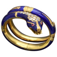 Serpent Arm Cuff Bracelet Diamond Blue Enamel 18 Karat