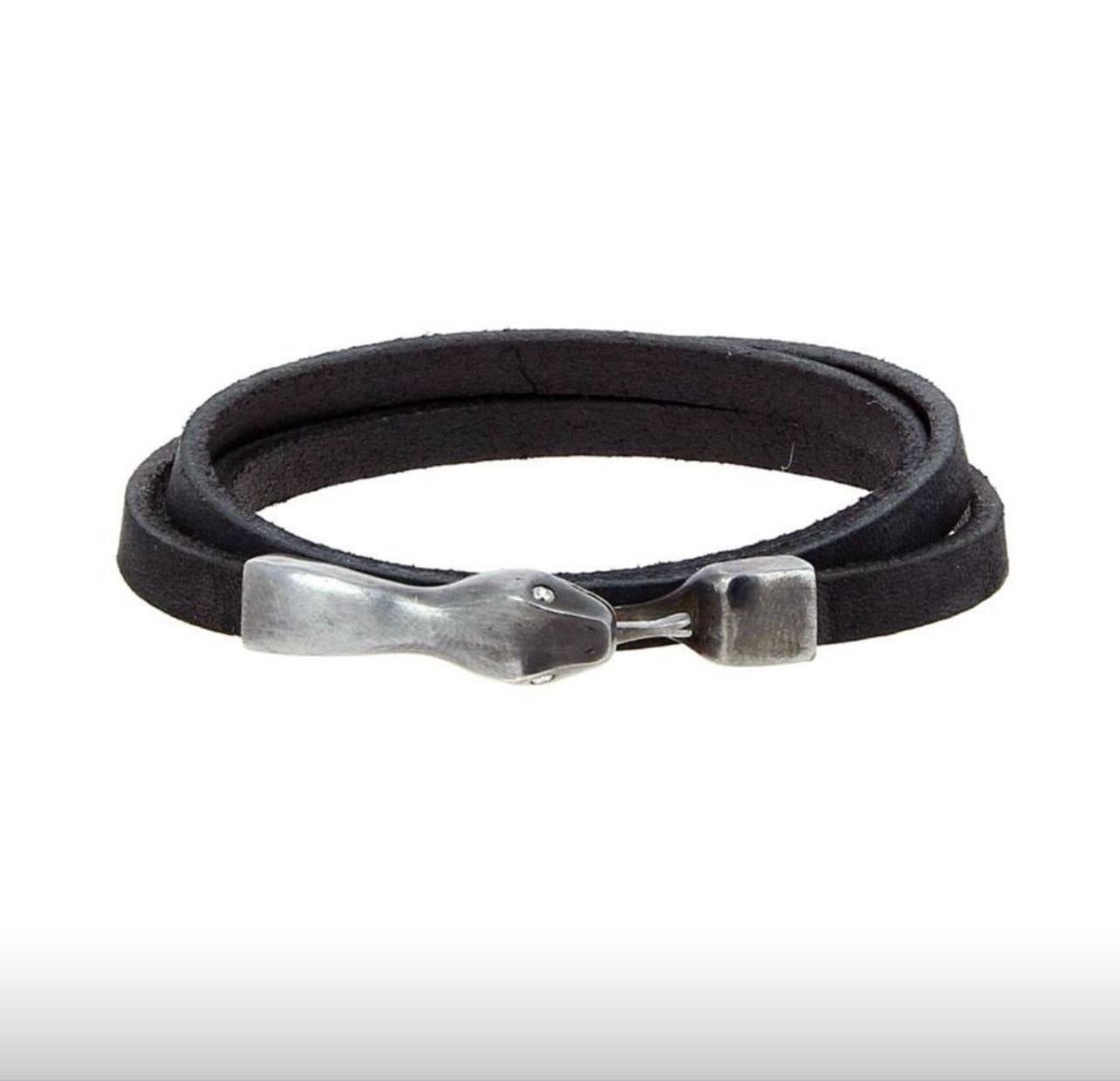 Contemporary Black Leather Strap Oxidised Silver Serpent Bracelet with Diamond Eye For Sale