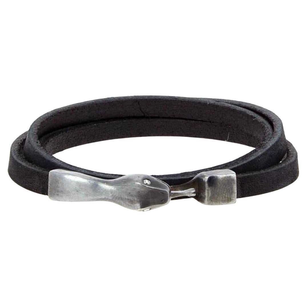 Black Leather Strap Oxidised Silver Serpent Bracelet with Diamond Eye