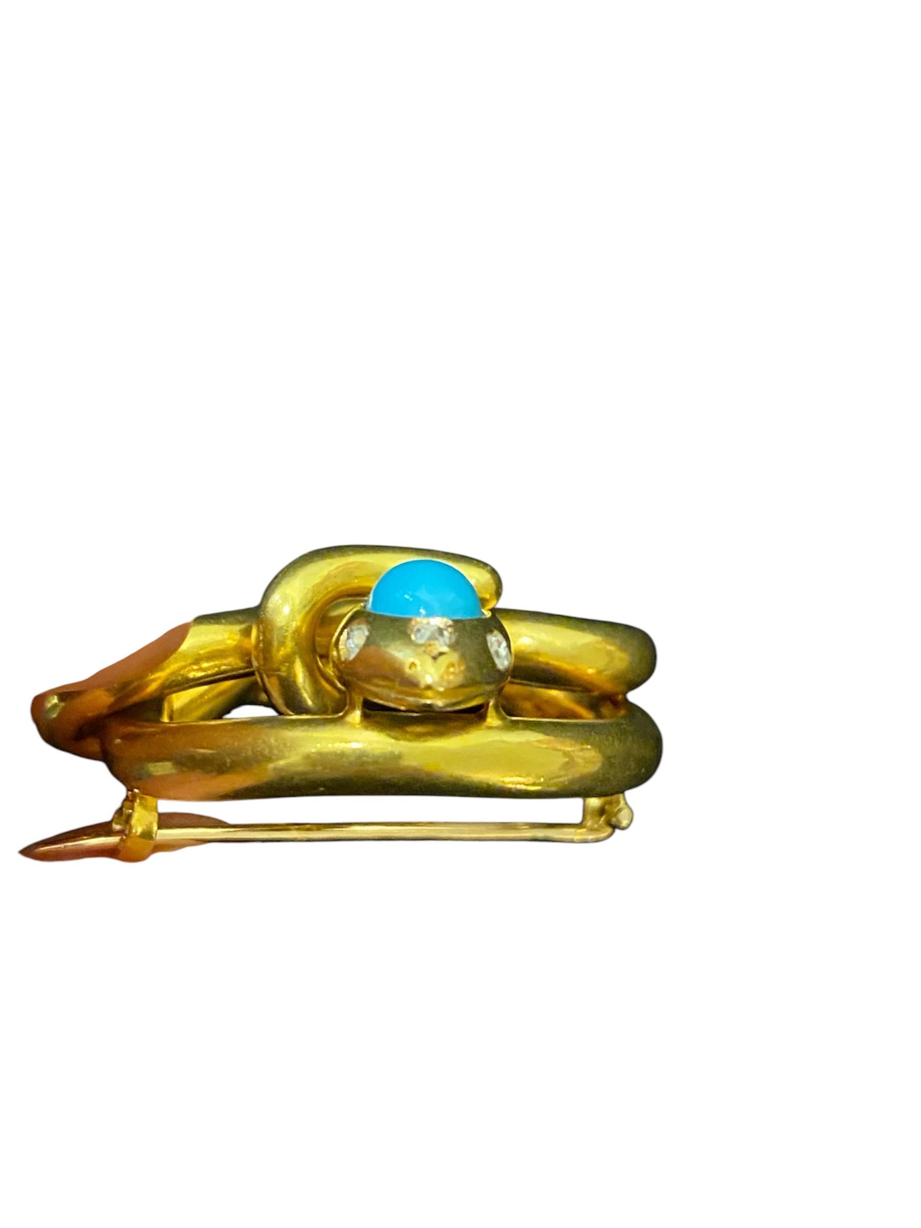 Schlangenbrosche aus Gold mit Türkis und Diamanten, portugiesisch, 19. Jahrhundert (Alteuropäischer Schliff) im Angebot