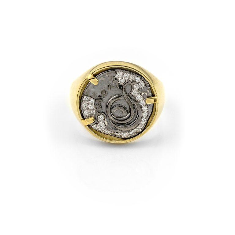 Artist Serpent Coin Ring in Gold, Silver and Diamonds For Sale