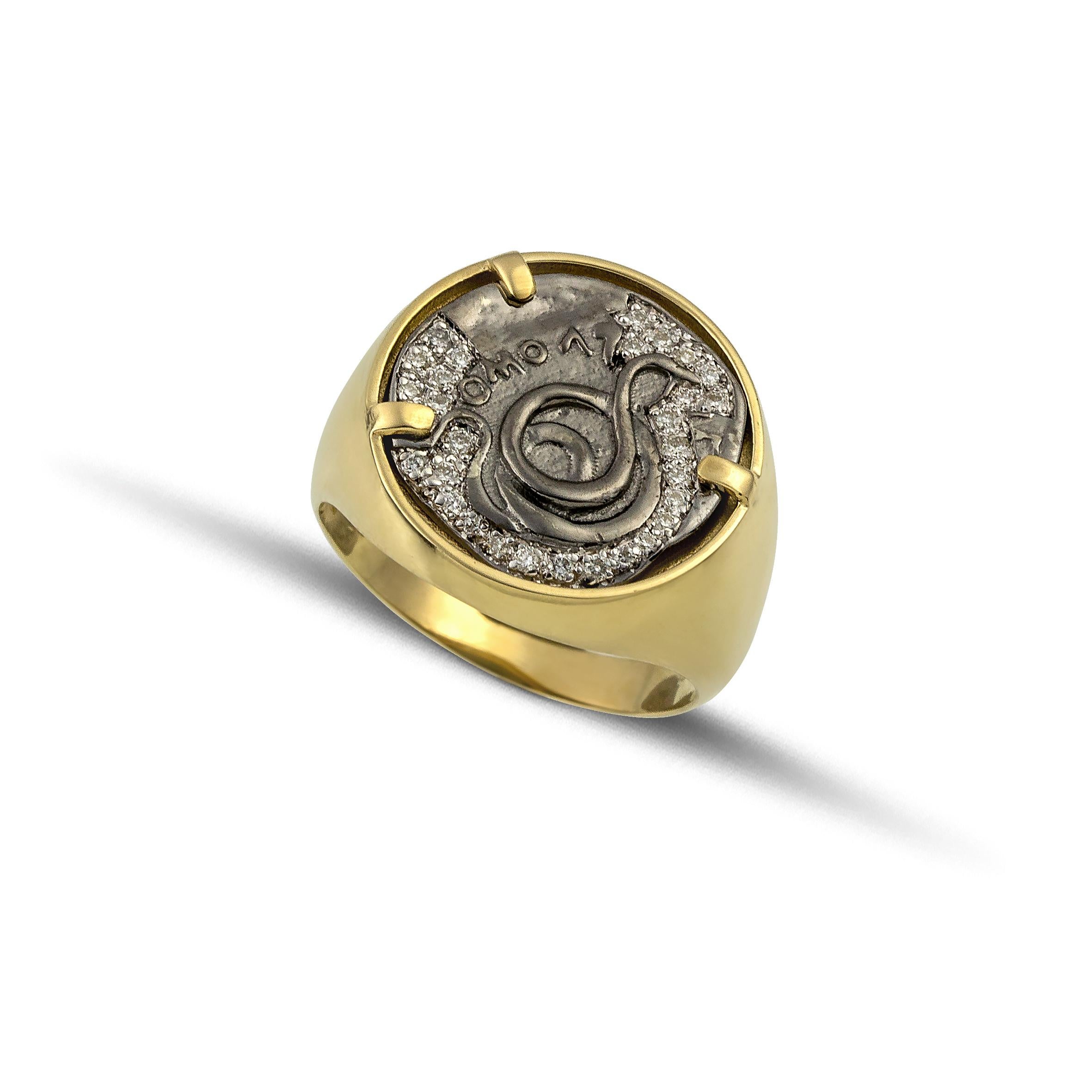 Brilliant Cut Serpent Coin Ring in Gold, Silver and Diamonds For Sale