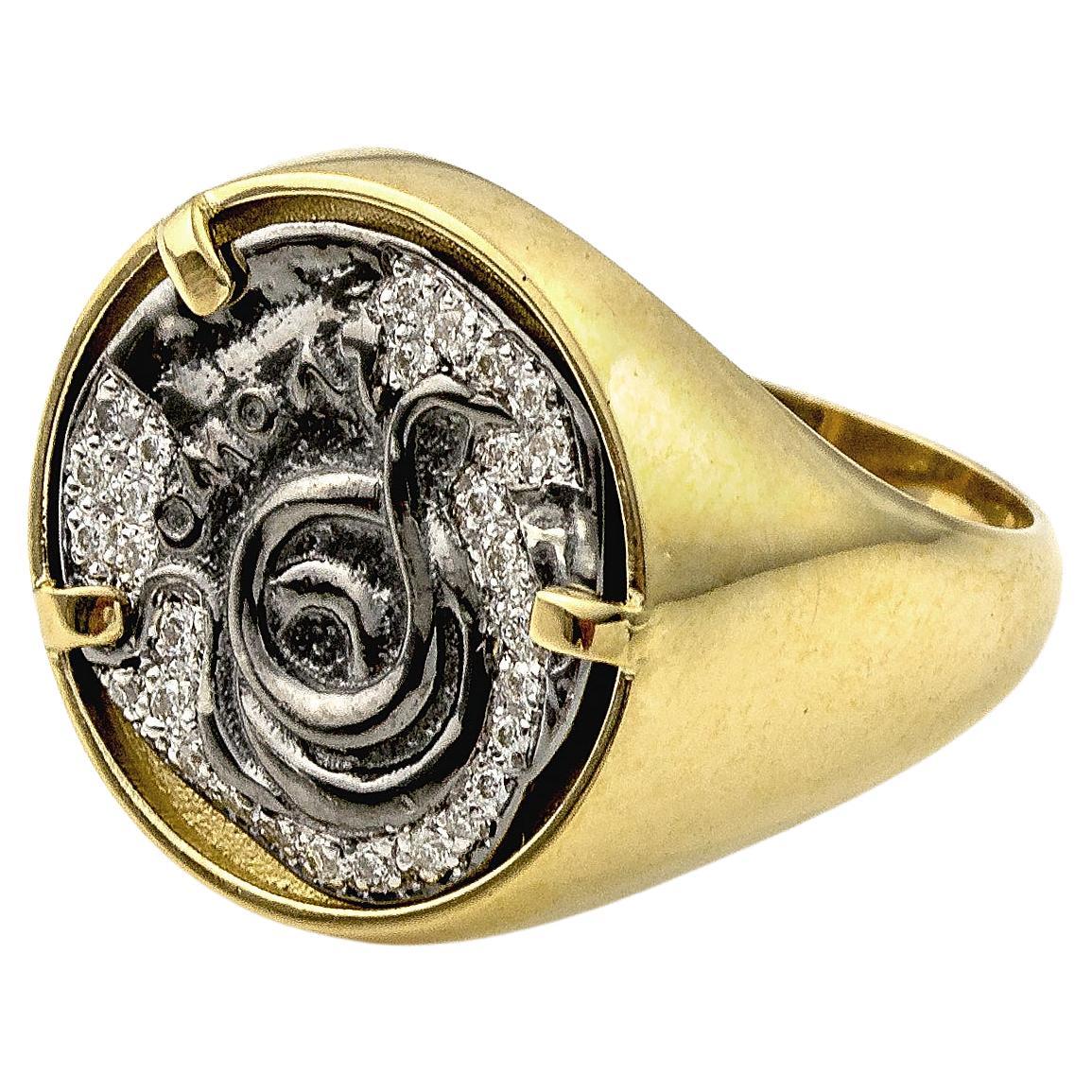 Serpent Coin Ring in Gold, Silver and Diamonds For Sale