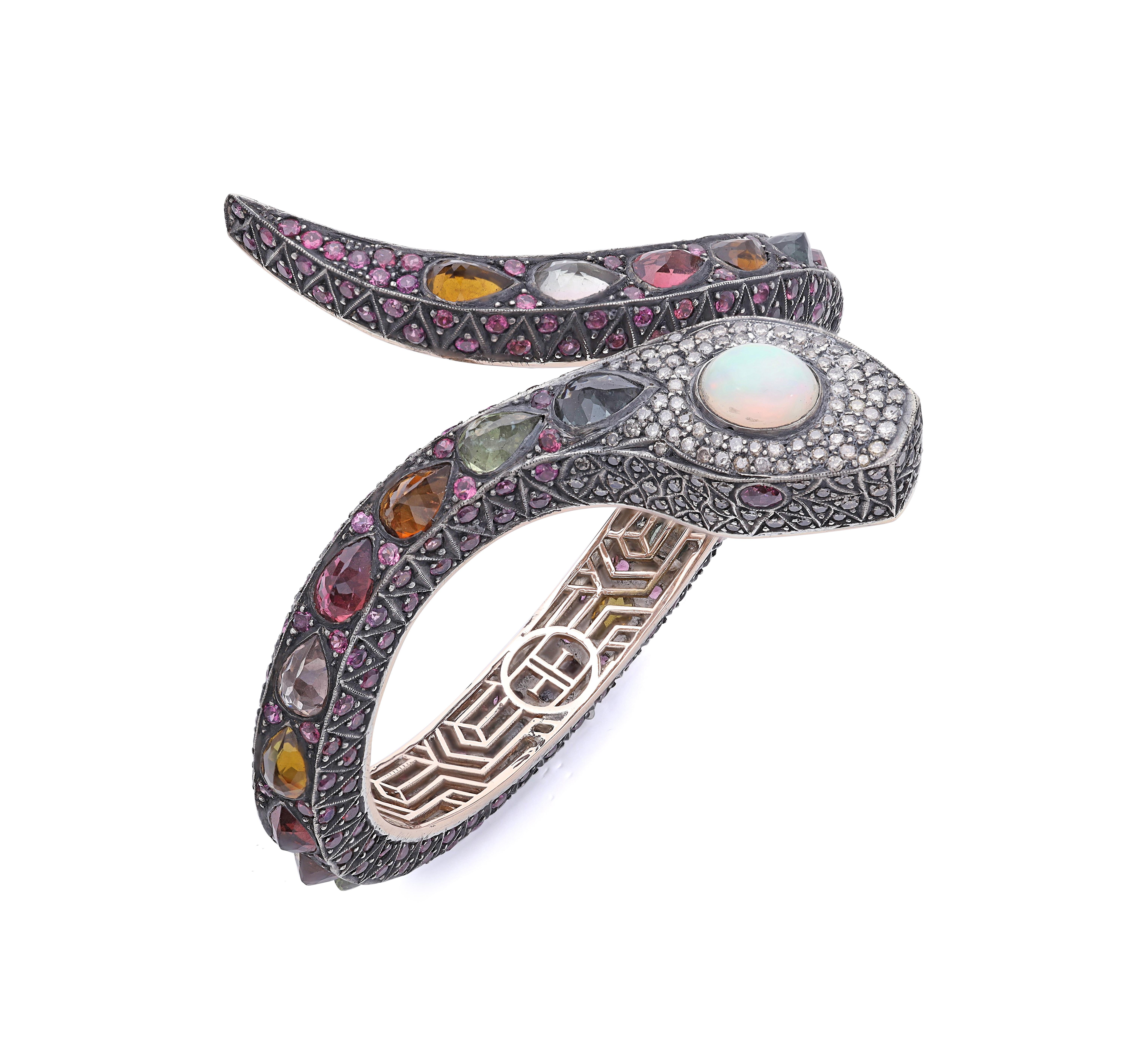 Round Cut Silver and 14k Gold Serpent Diamond Bangle with Tourmaline, Diamond, Ruby, Opal For Sale