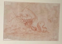 Serpent & Galleon, gesso rosso su carta con cornice in legno dorato