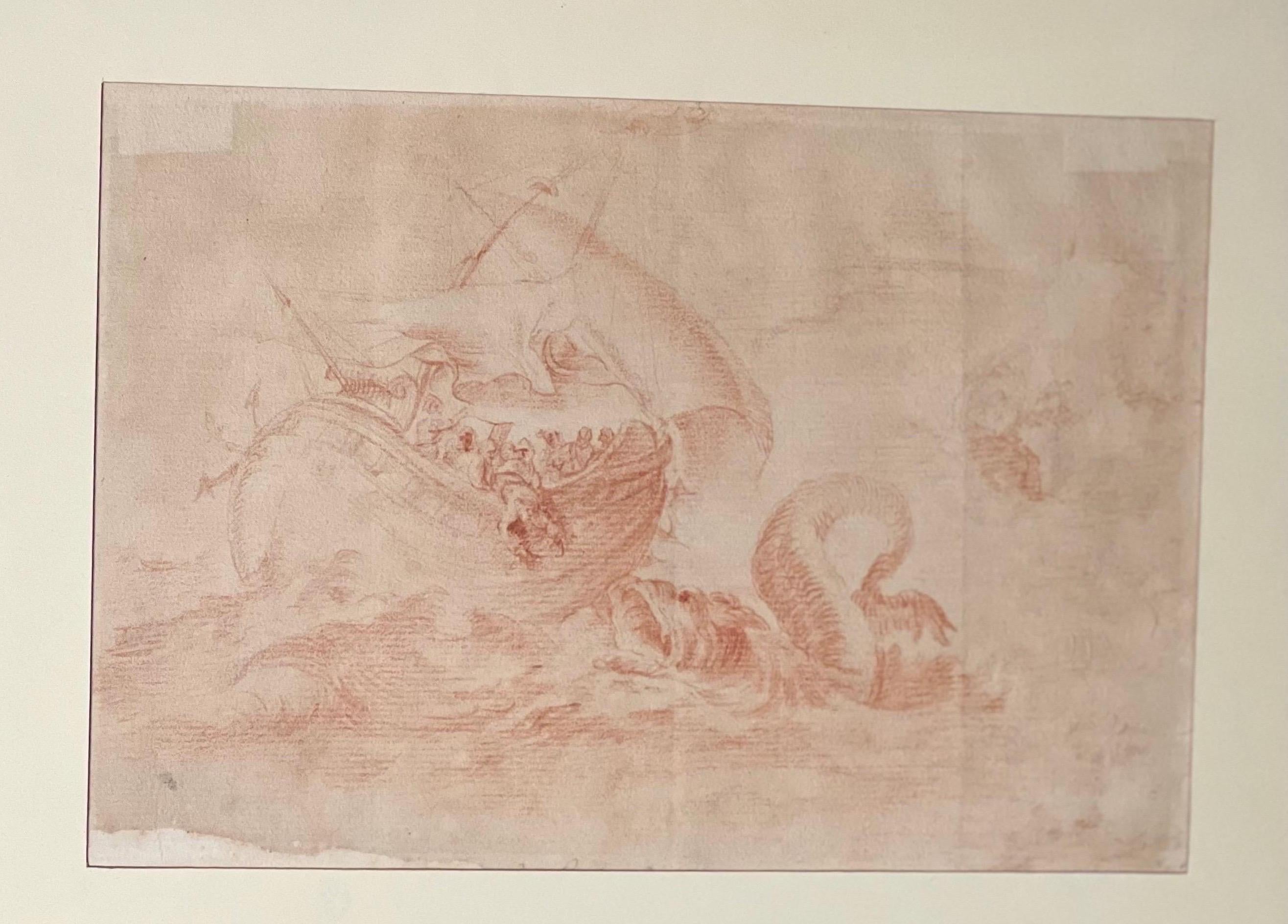 Serpiente y Galeón, Tiza roja sobre papel en marco de madera dorada Barroco en venta