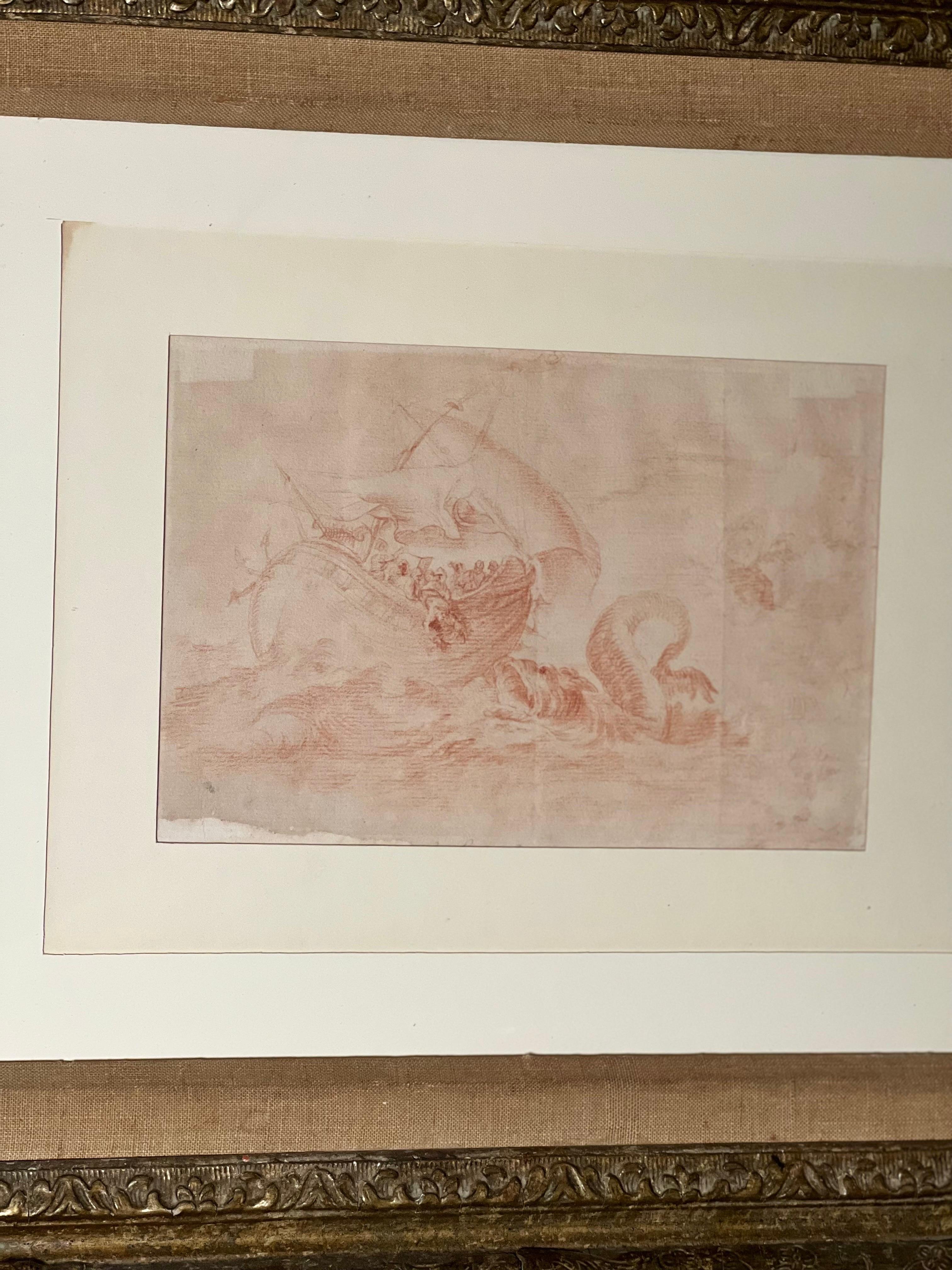 Doré Serpent & Galleon, craie rouge sur papier dans un cadre en bois doré en vente