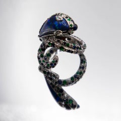 Serpent ring 18k / 7.61 ct. Lightning Ridge Black Opal/Diamond& sapphire 5.46cts