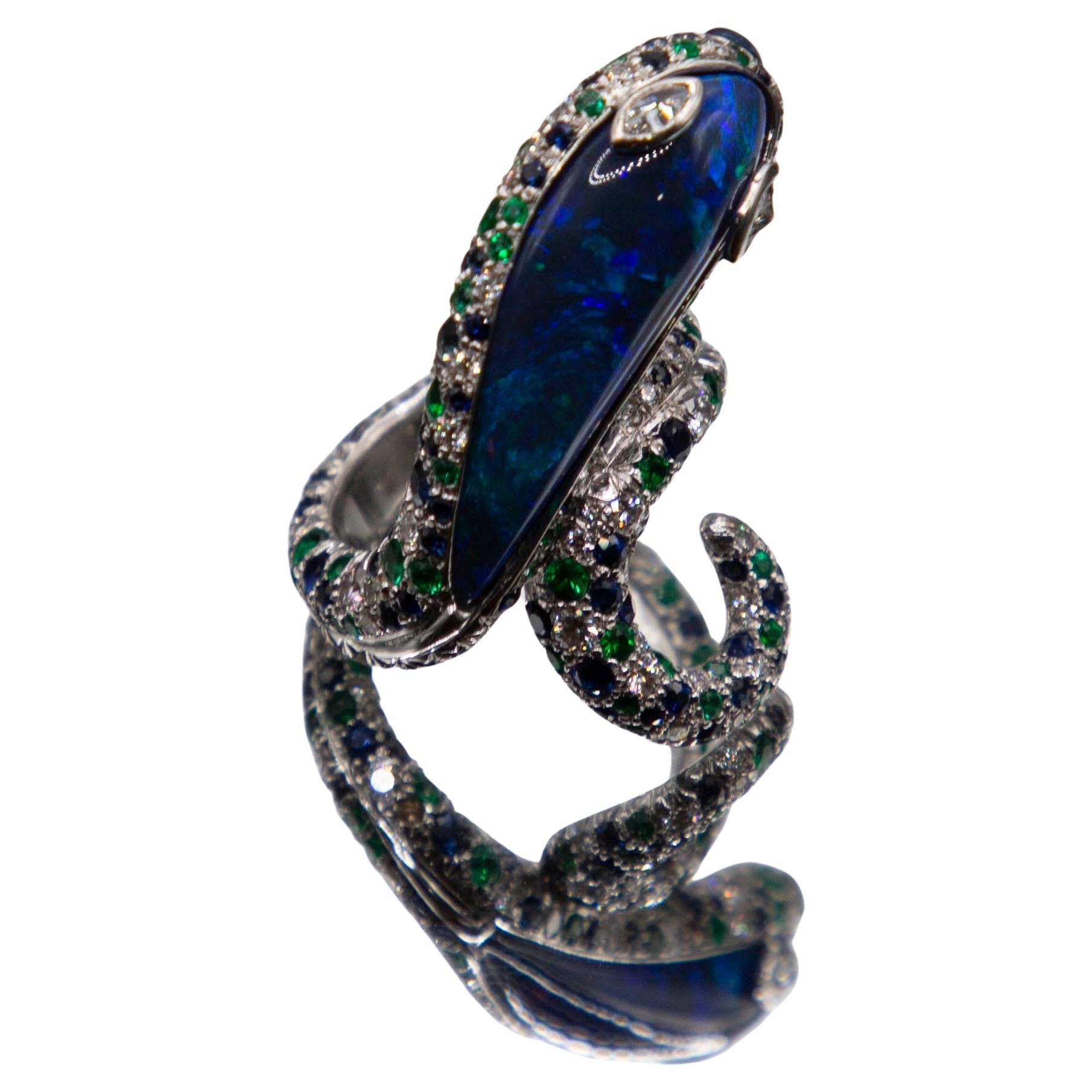 Serpent ring 18k / 7.61 ct. Lightning Ridge Black Opal/Diamond& sapphire 5.46cts